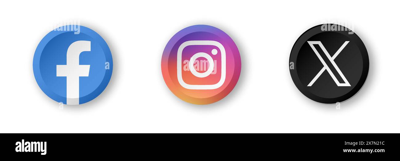 Symbolgruppe der Social-Media-App. Facebook, Instagram und X, ehemaliges Twitter. Schattierte Kreisschaltfläche mit Symbolen für verworfene Schattenvektoren. Stock Vektor