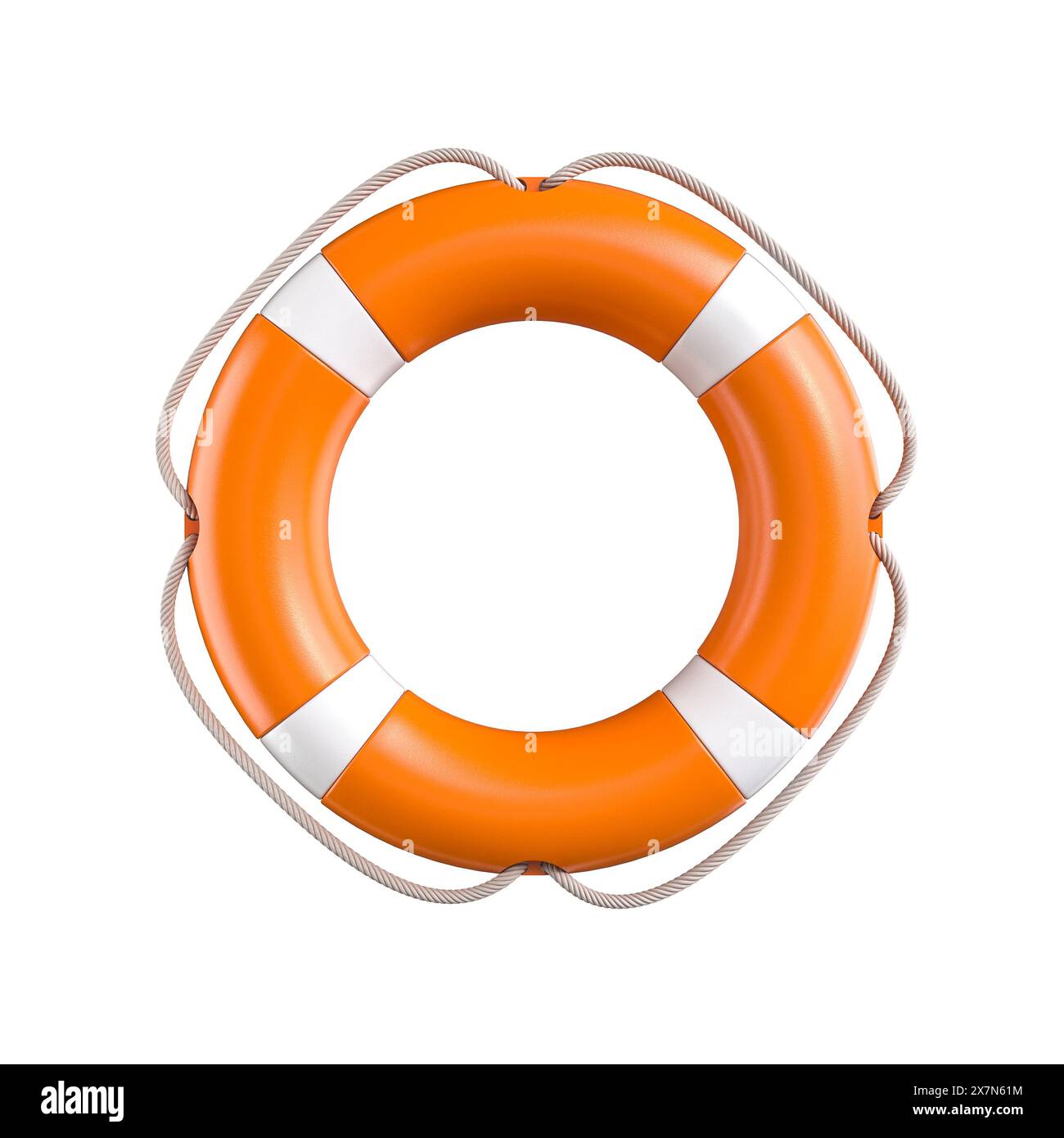 Lebendiger orangefarbener Rettungsring mit weißen Streifen, transparenter Hintergrund Stockfoto