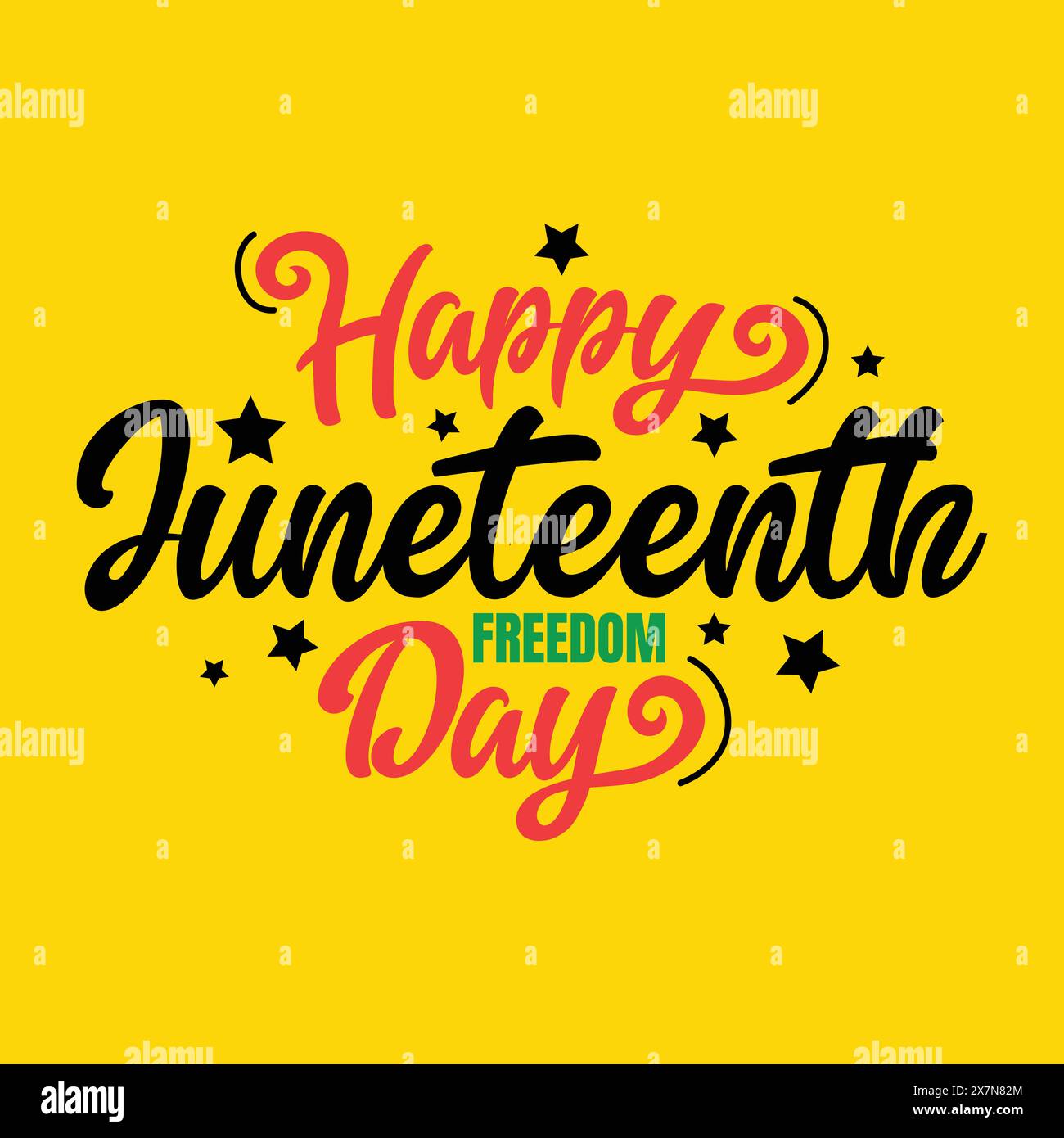 Happy Juneteenth Freedom Day Hand gezeichnete Typografie Grußkarte mit rotem, schwarzem, grünem Text auf gelbem Hintergrund. Afrika-amerikanische Schwarze Menschen Menschen Stock Vektor