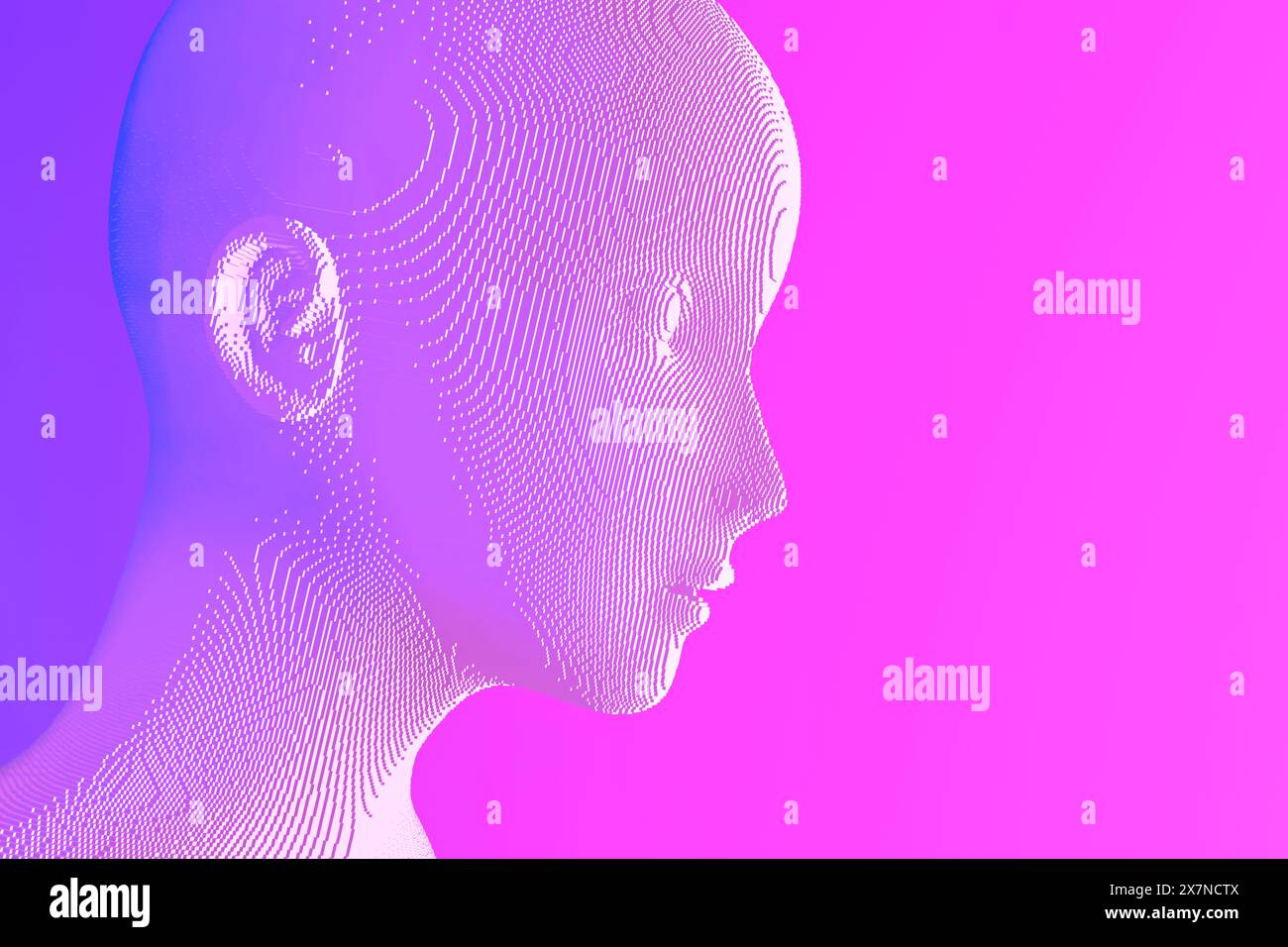 KI (künstliche Intelligenz) Mädchenkopf aus Würfeln, trendige Beleuchtung lila, blaues 3D-Renderbild Stockfoto