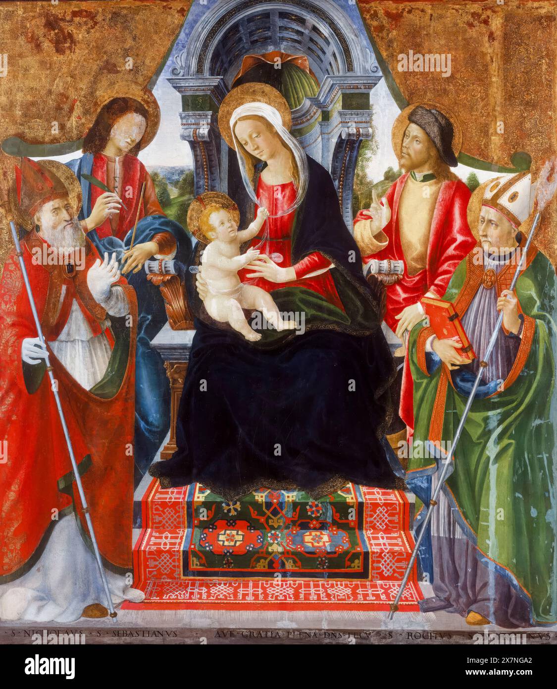 Jungfrau und Kind mit St. Nikolaus, St. Sebastian, St. roch und St. Martin, Gemälde in Tempera auf Leinwand und Brett übertragen von der Lucchese-Schule, 15. Jahrhundert Italienisch, 1475-1499 Stockfoto