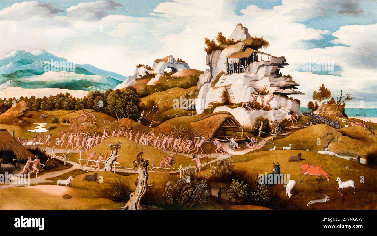 Jan Mostaert, Landschaft mit einer Episode aus der Eroberung Amerikas, Ölgemälde auf Tafel, um 1535 Stockfoto