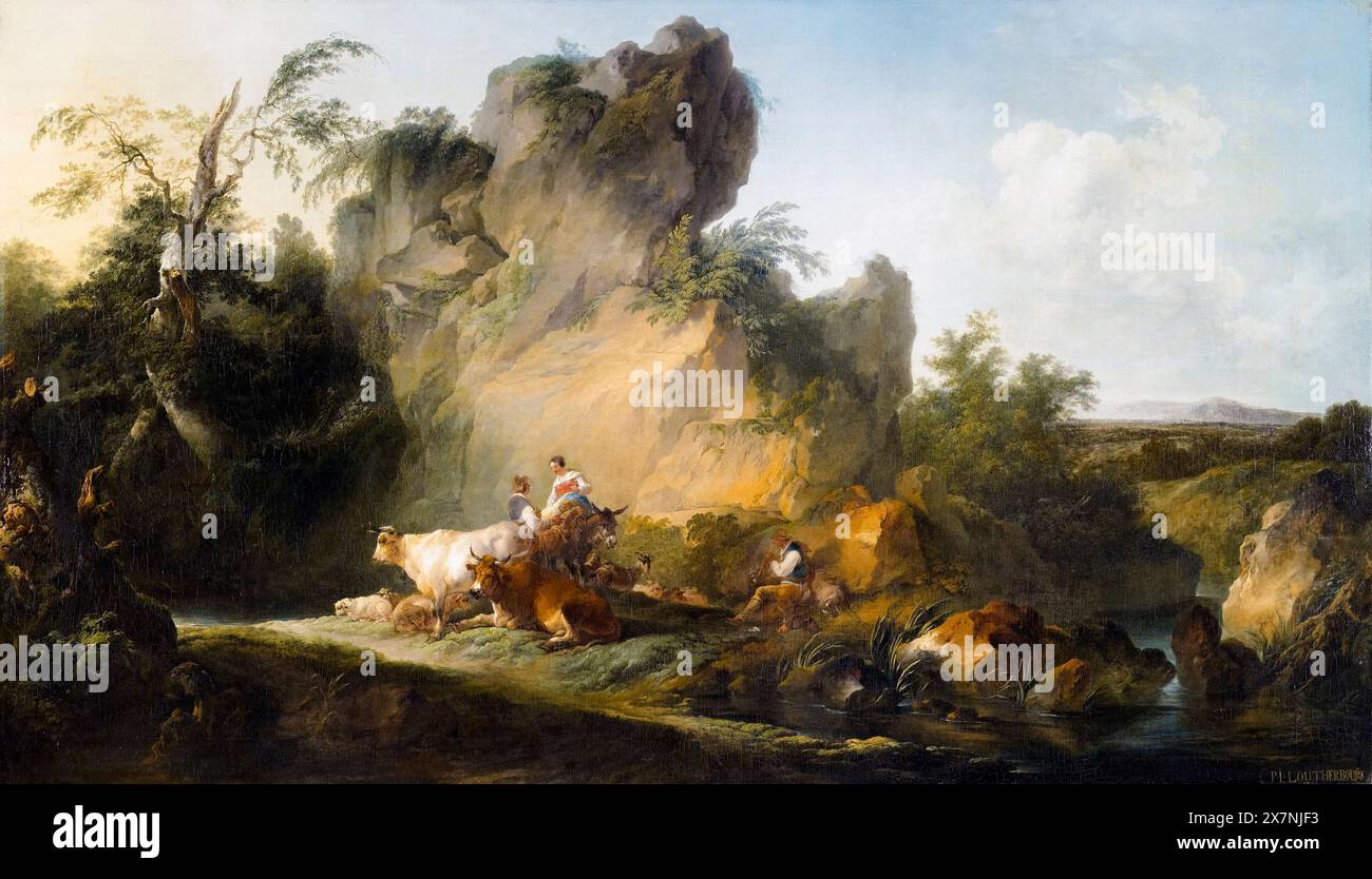 Philip James de Loutherbourg, Landschaft mit Figuren und Tieren, Ölgemälde auf Leinwand, 1762-1763 Stockfoto