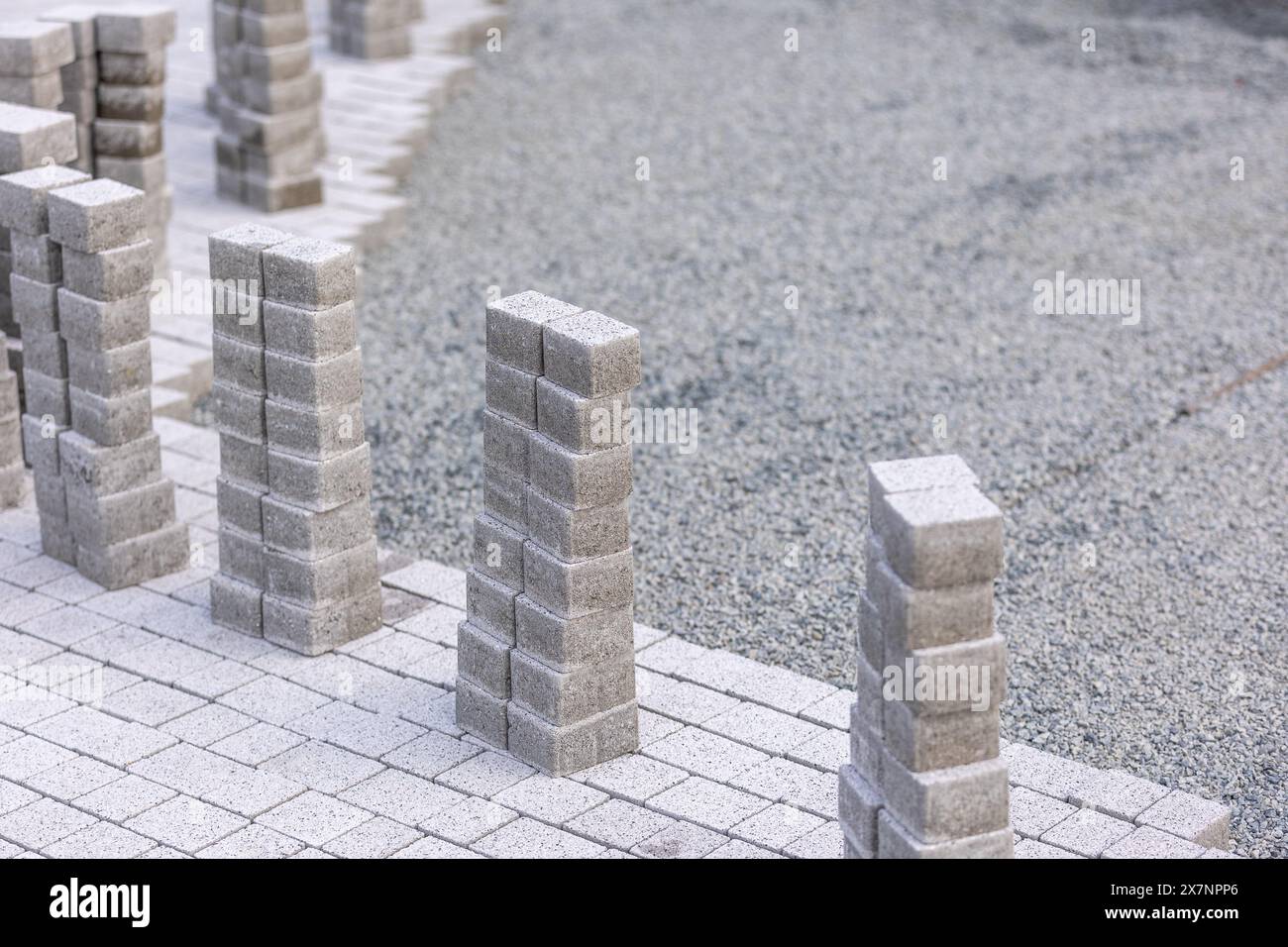 Detail zum Bau eines neuen, intergrierenden Pflasterbaus, Industriekonzept Stockfoto