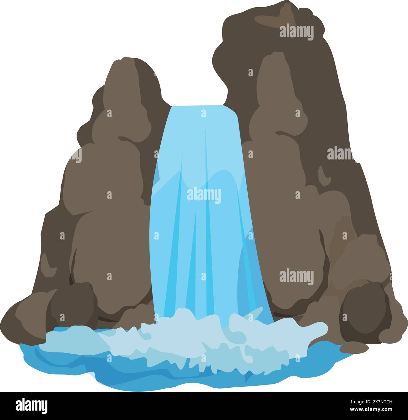Lebendige Illustration eines ruhigen Zeichentrickwasserfalls mit fließendem blauem Wasser in felsigem Gelände Stock Vektor