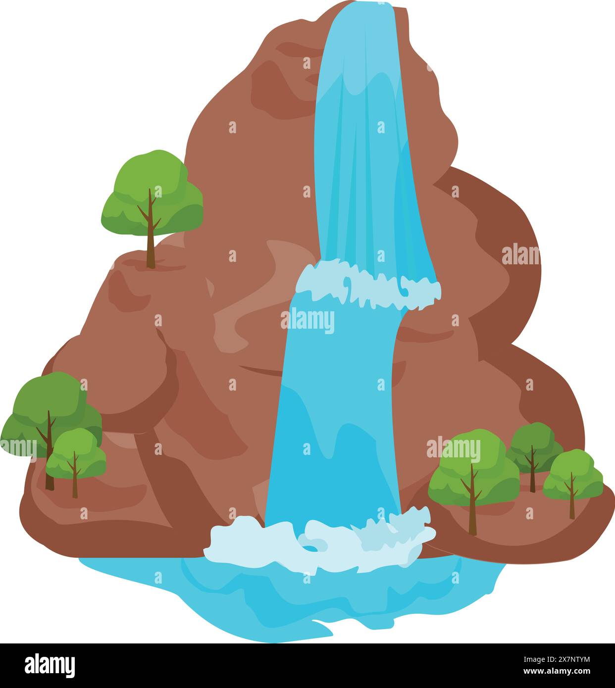 Flache Illustration eines lebendigen Wasserfalls mit Bäumen auf einem Berg Stock Vektor