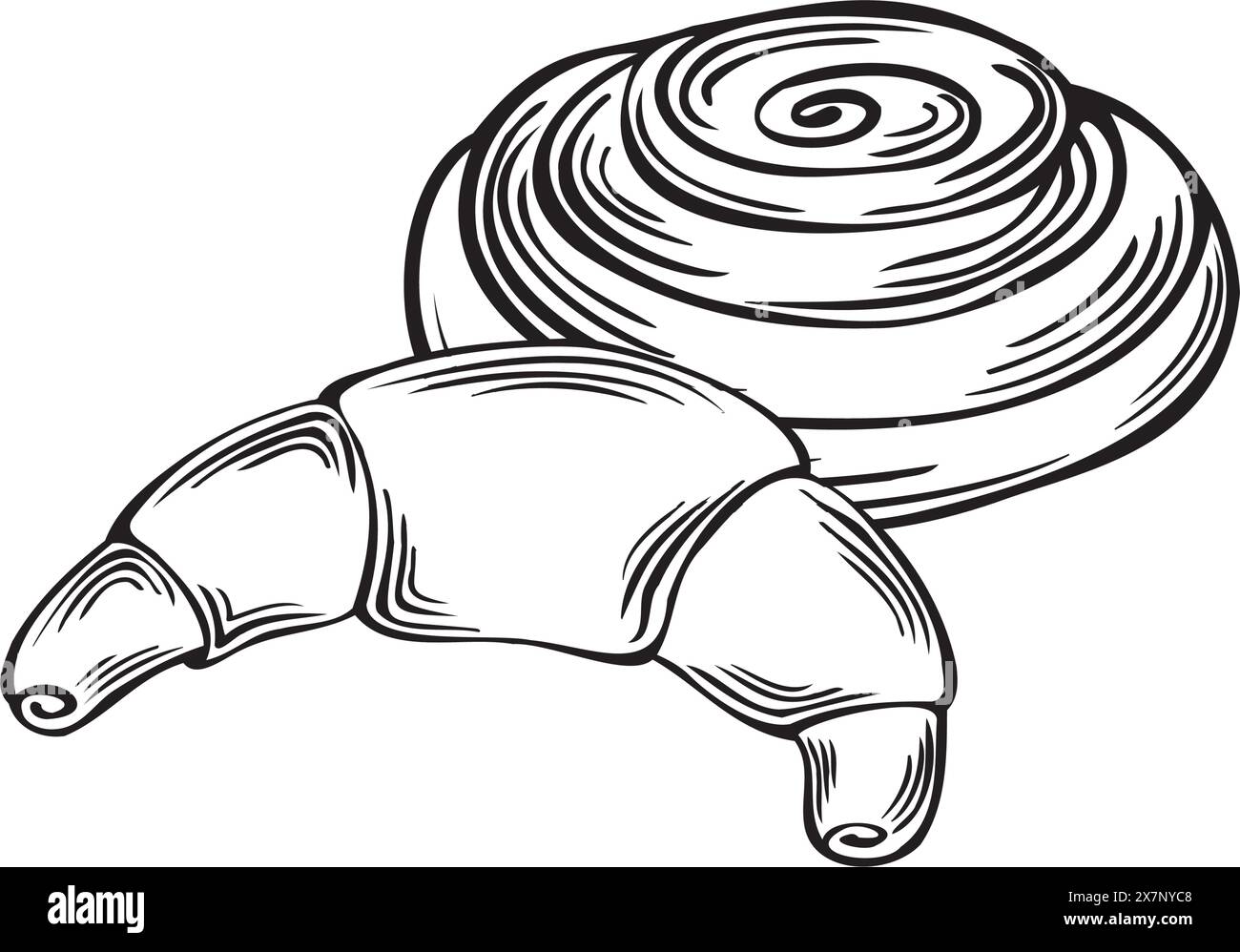 Croissants und Zimtbrötchen. Backwaren aus Weizen. Vektordarstellung linear, isoliert. Skizze traditioneller französischer Lebensmittel. Vorlage Stock Vektor