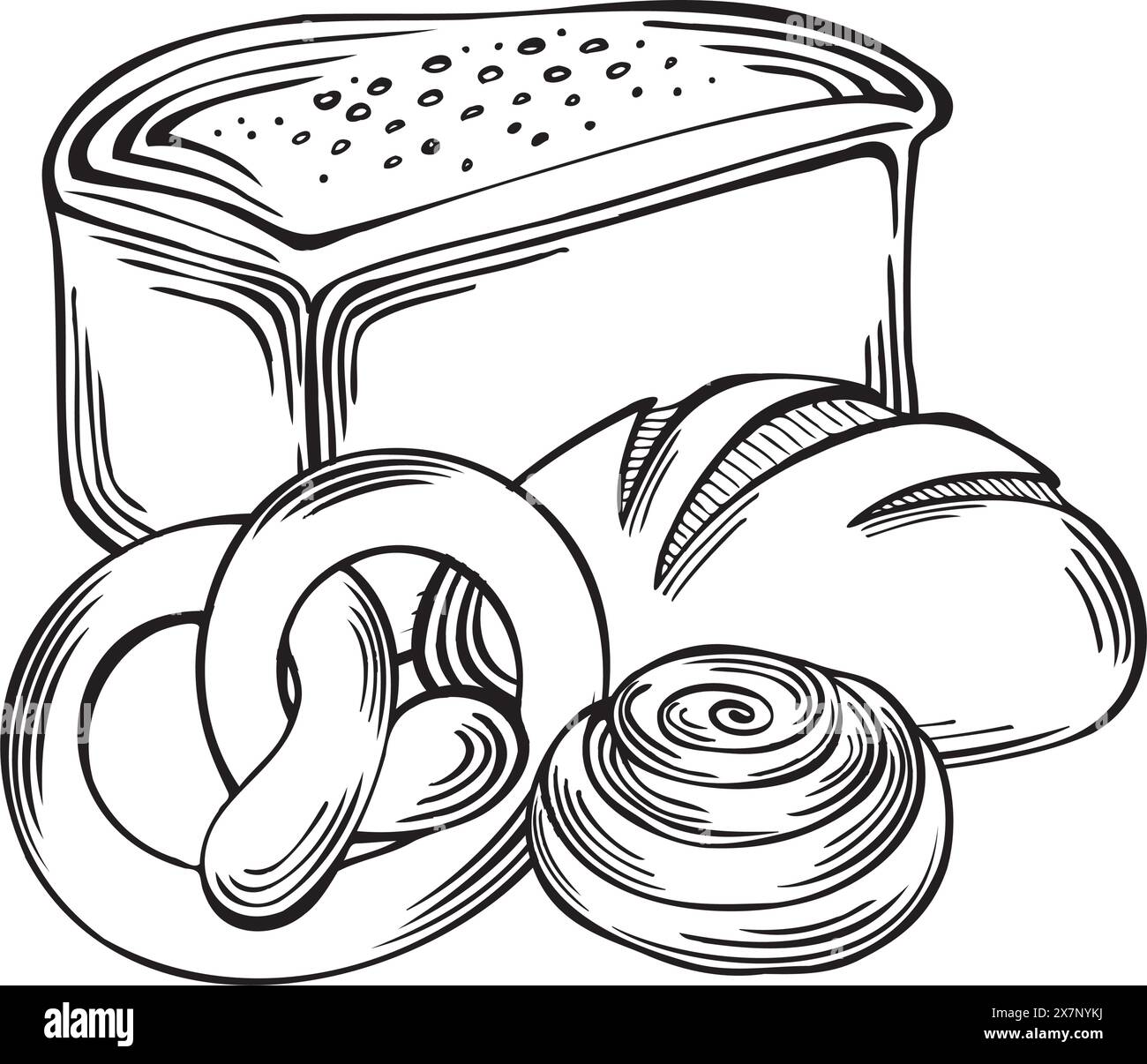 Brotlaib Brezel und Zimtbrötchen mit rundem Brot. Backwaren, Weizen und Roggen. Vektordarstellung linear, isoliert. Lebensmittelprodukt skizzieren. Vorlage Stock Vektor