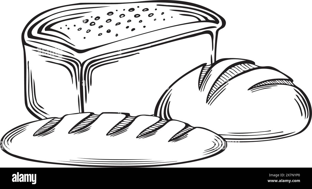 Brot französischer Brotlaib mit rundem Brot. Backwaren Weizen und Roggen. Vektordarstellung linear, isoliert. Skizze traditioneller Lebensmittel. Vorlage für Stock Vektor