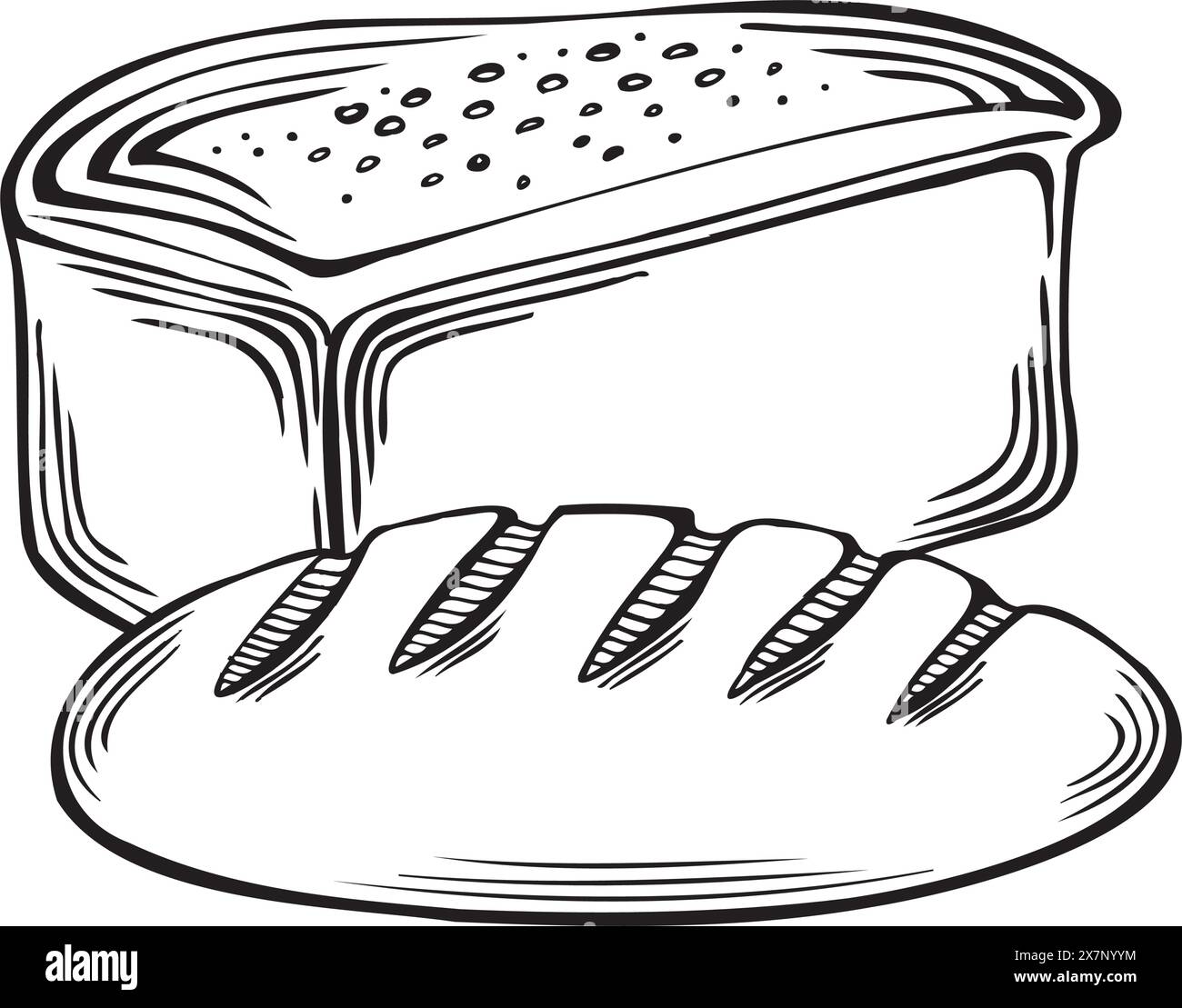Brot und französische Brotbackwaren aus Weizen. Vektordarstellung linear, isoliert. Handgezeichnete Skizze traditioneller frischer Lebensmittel. Vorlage für Stock Vektor