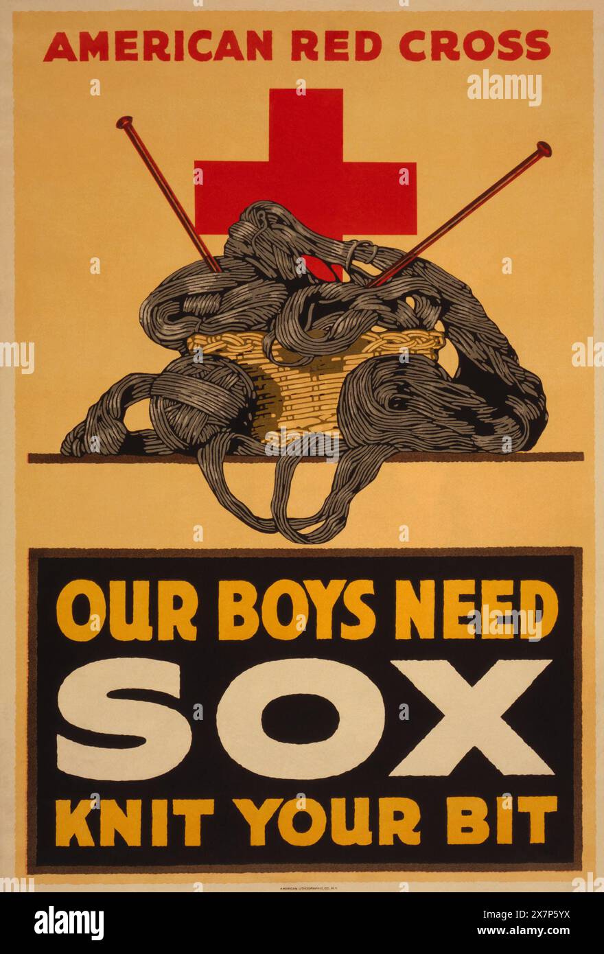 Unsere Jungs brauchen sox - Strick Your Bits, US, 1917-1918 N.Y. : American Lithographic Co., [zwischen 1914 und 1918] amerikanisches rotes Kreuz-Poster Stockfoto