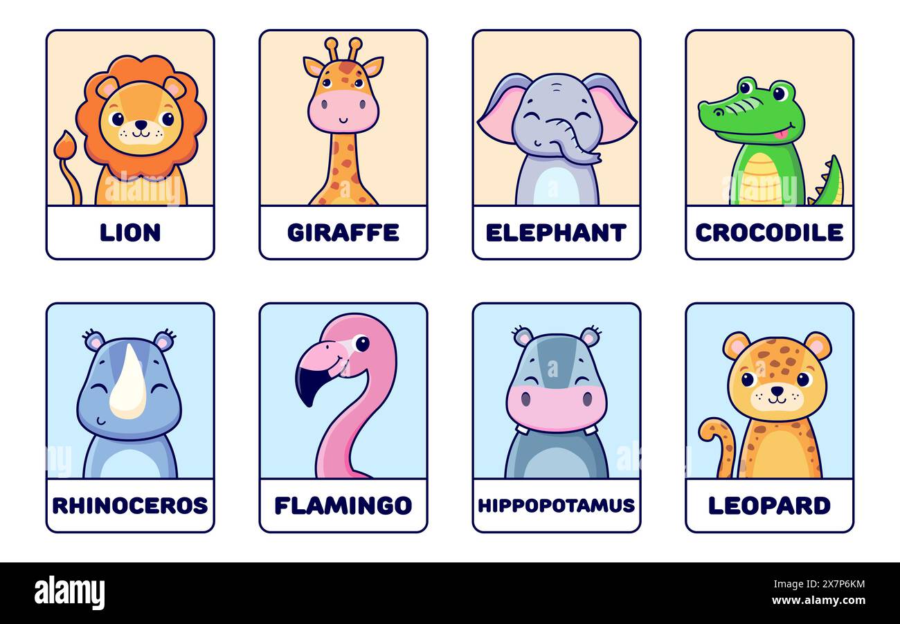 Lehrkarten mit afrikanischen Tieren. Diese Karten eignen sich perfekt für Lernspiele, Biologiestunden, Bereicherungsaktivitäten und Kinderbuch-cre Stock Vektor