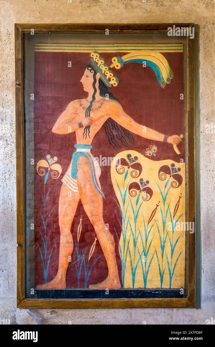 Fresko des Prinzen der Lilien, minoische Neopalatialzeit, 1600-1400 v. Chr., Rekonstruktion durch Arthur Evans, Palast von Minos in Knossos, nahe Heraklion (Iraklio, Iraklion), Zentralkreta, Griechenland Stockfoto