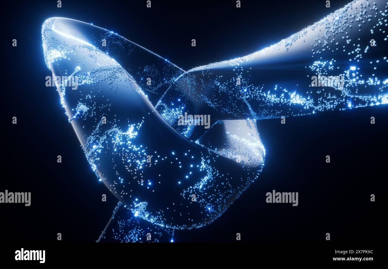 Abstrakte Kurvengeometrie mit fließenden Partikeln, 3D-Rendering. 3D-Abbildung. Stockfoto