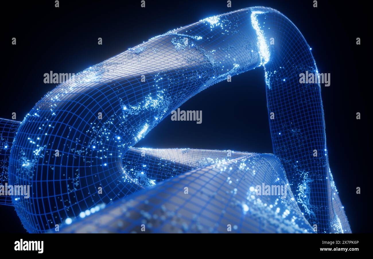 Abstrakte Kurvengeometrie mit fließenden Partikeln, 3D-Rendering. 3D-Abbildung. Stockfoto