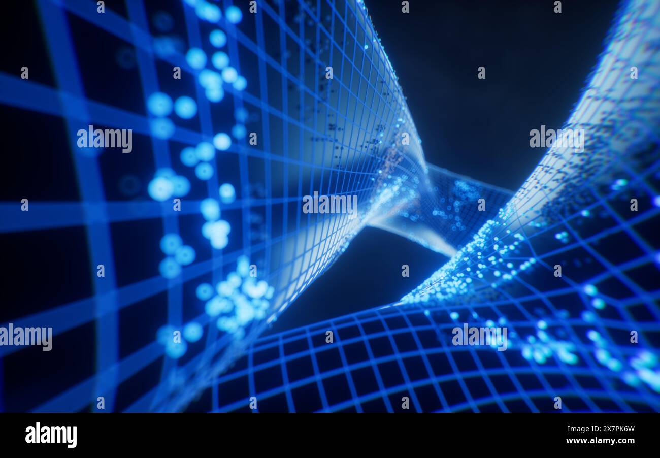 Abstrakte Kurvengeometrie mit fließenden Partikeln, 3D-Rendering. 3D-Abbildung. Stockfoto