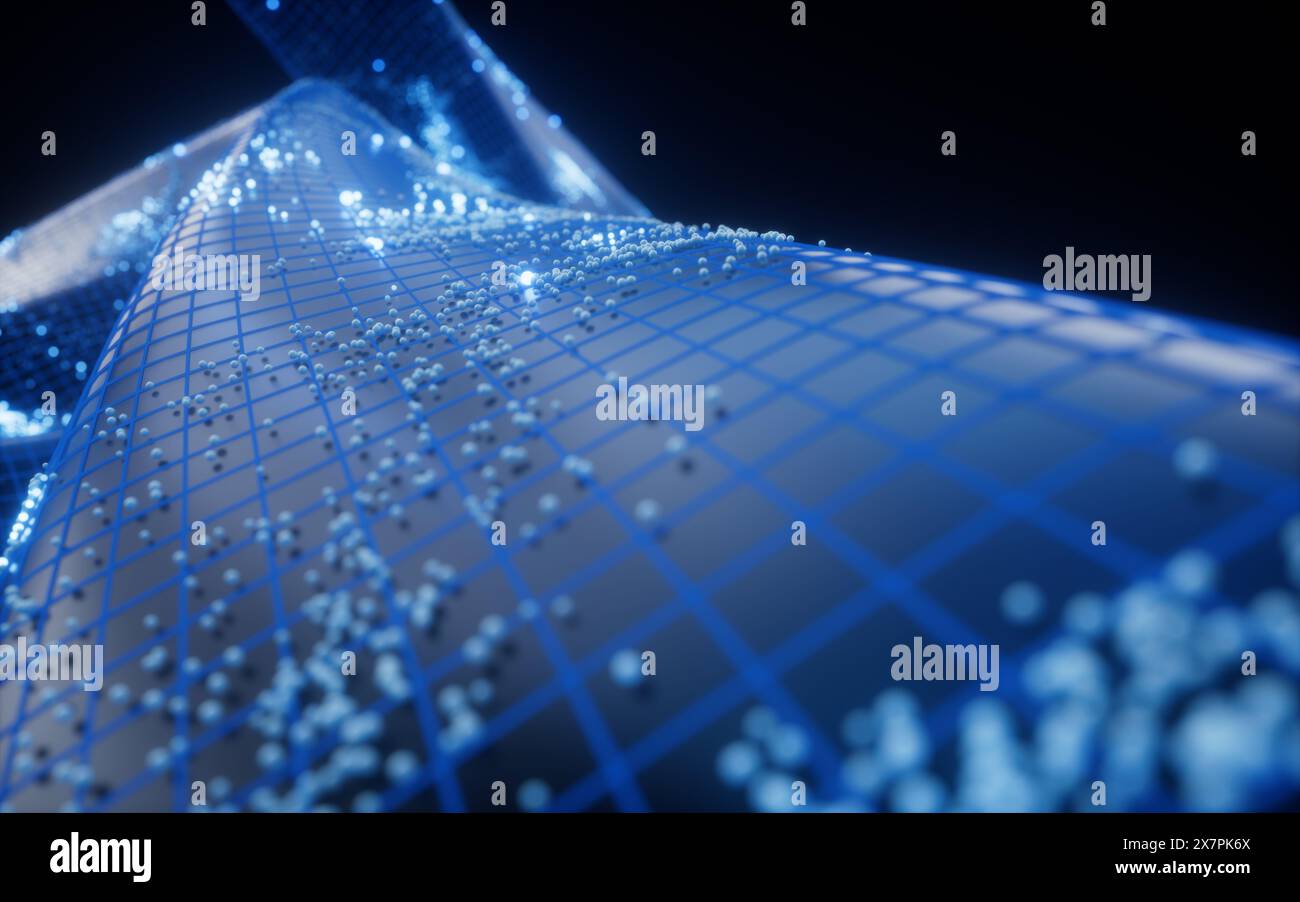 Abstrakte Kurvengeometrie mit fließenden Partikeln, 3D-Rendering. 3D-Abbildung. Stockfoto