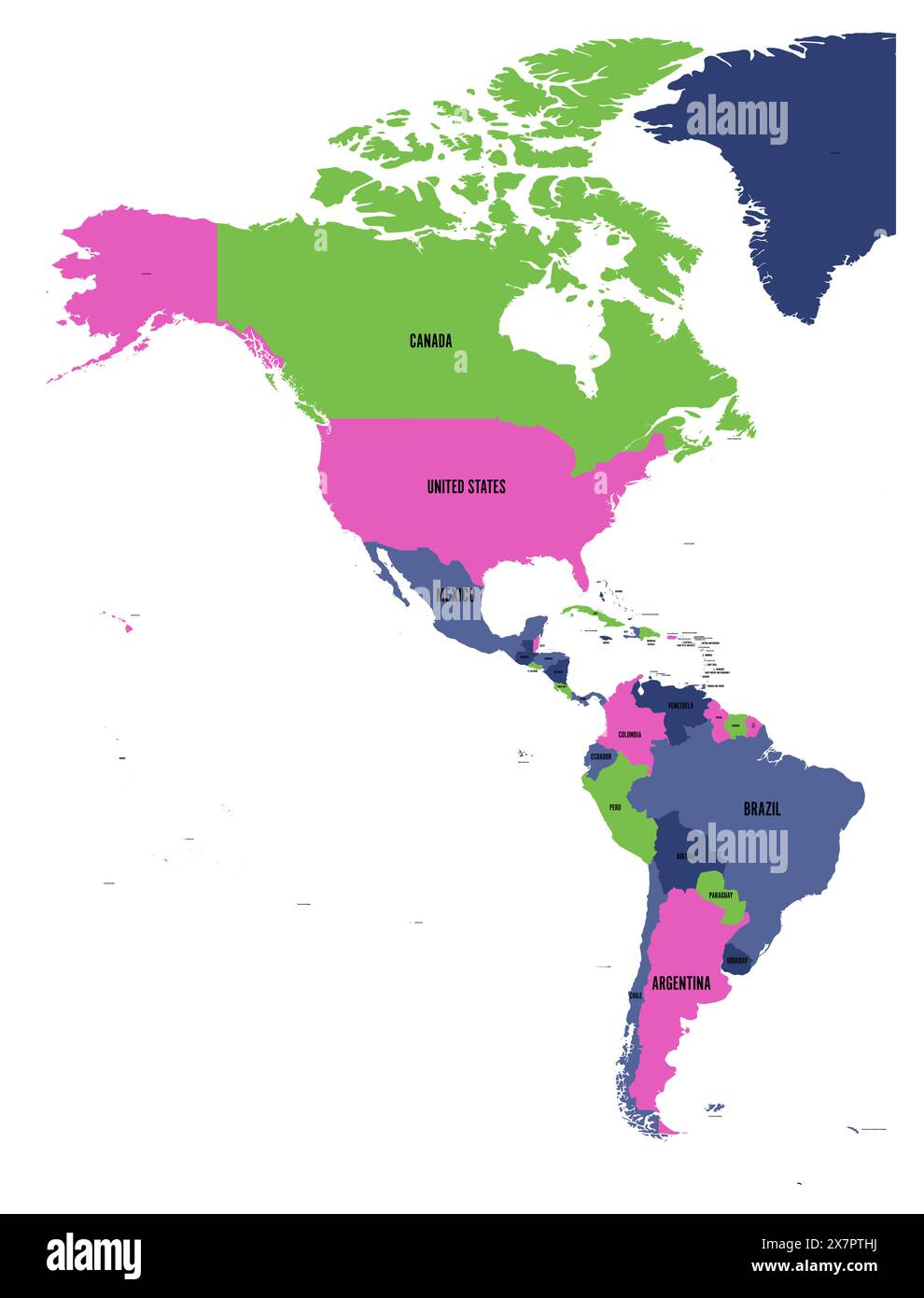 Politische Karte Amerikas in vier Farben auf weißem Hintergrund. Nord- und Südamerika mit Länderkennzeichnungen. Einfache Illustration des flachen Vektors. Stock Vektor