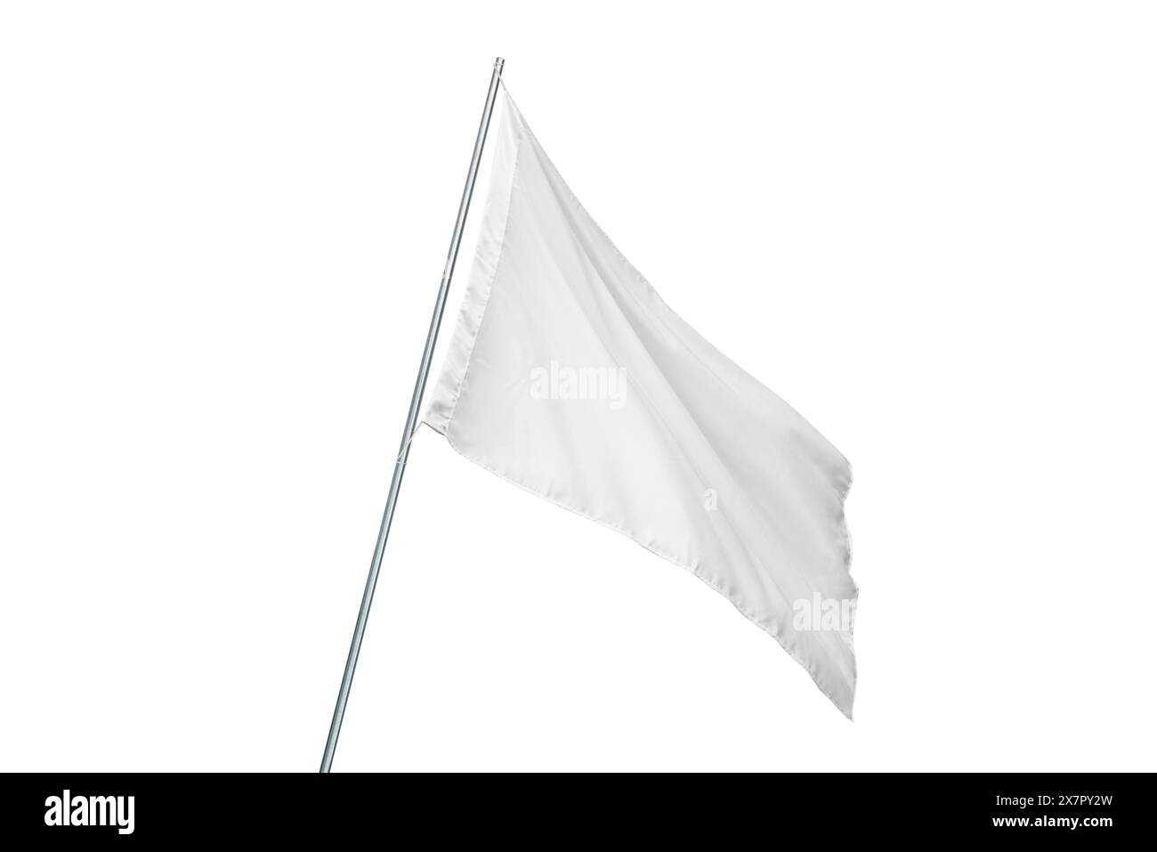Eine weiße Flagge weht im Wind. Isoliert in weiß. Perfekt für Modell von Staats- oder Werbeflaggen mit sauberer Textur Stockfoto