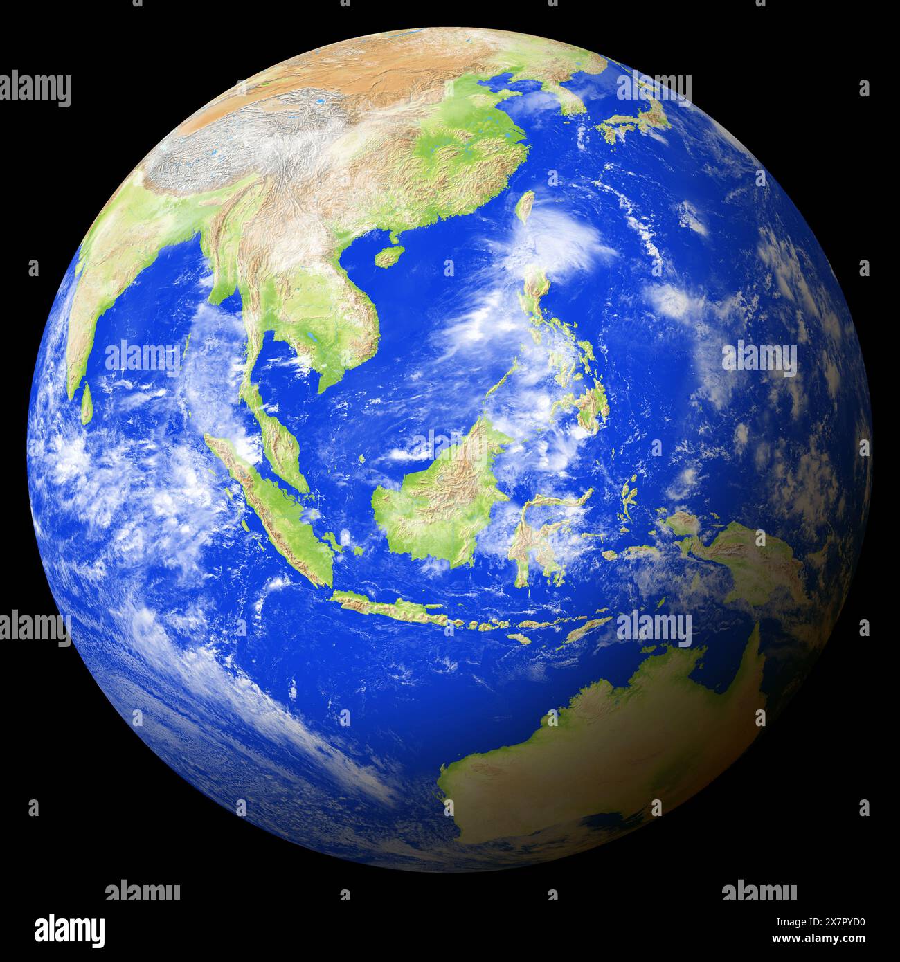 Ansicht der Erde aus dem All, die Brunei in der Bildmitte zeigt. Stockfoto