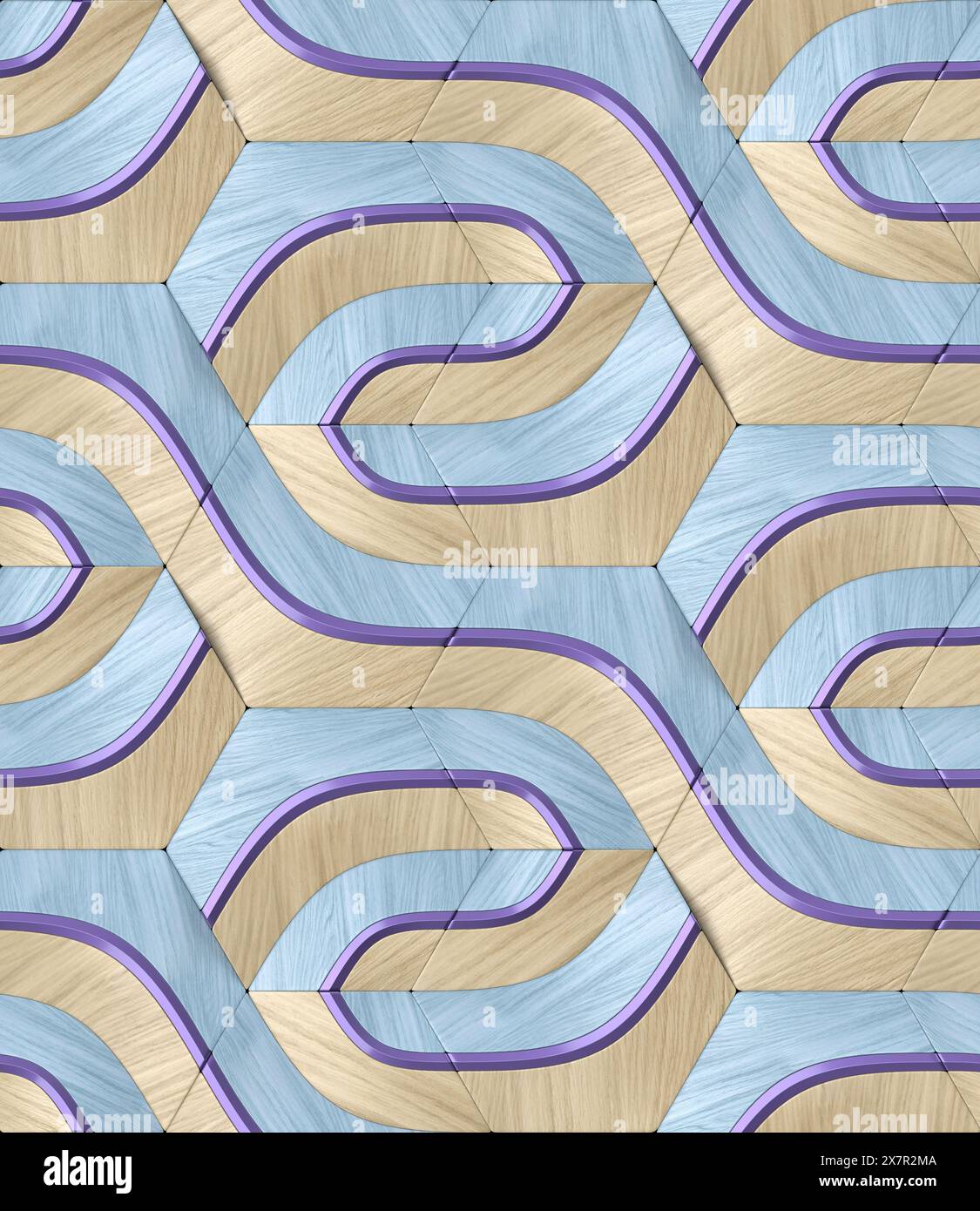Diese 3D-Illustration zeigt ein nahtloses geometrisches Muster, das Holzstrukturen und stoffartige Wellen in dezenten Farbtönen kombiniert. Stockfoto