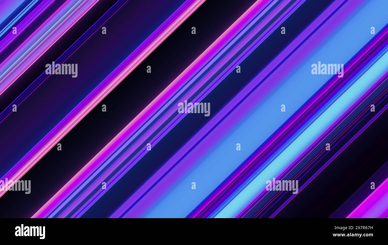 Ein abstrakter Hintergrund mit neonrosa und blauen Diagonalstreifen mit schwarzem Hintergrund, perfekt für futuristische Designs Stockfoto