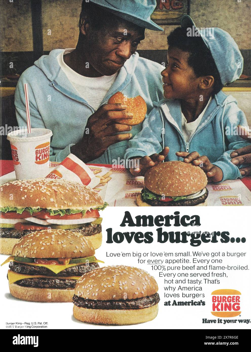 1977 Burger King Werbespot – „America Loves Burgers...“ Stockfoto