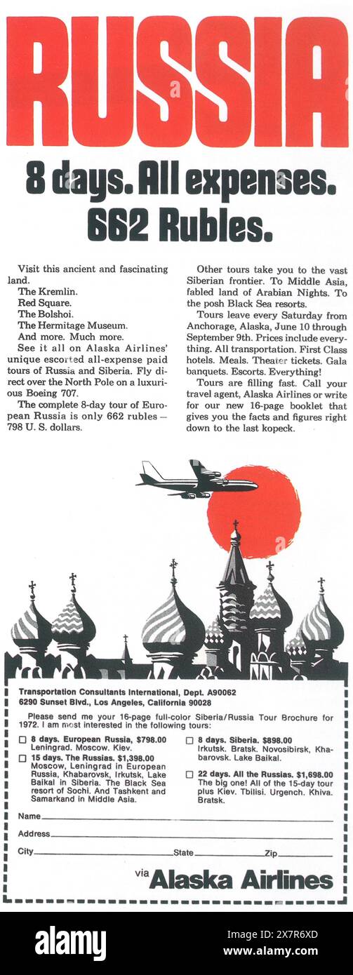 1972 Alaska Airlines Ad - Riussia Moskau Reise Stockfoto