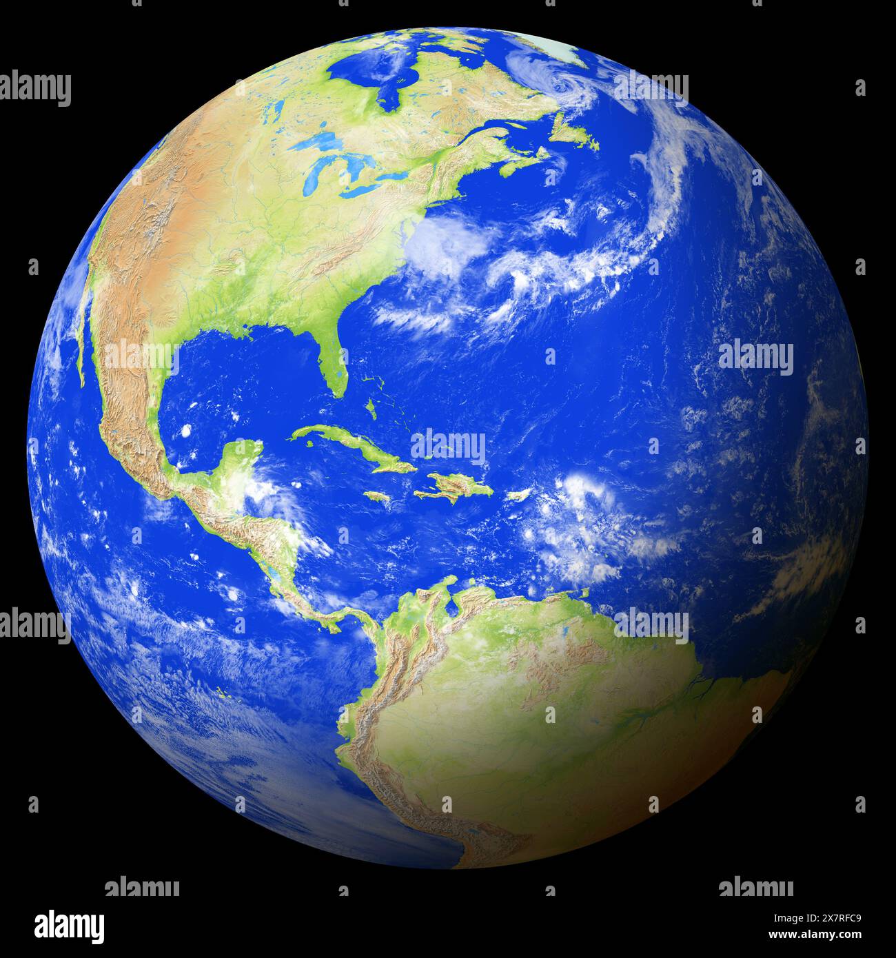 Ansicht der Erde aus dem All, die die Turks- und Caicosinseln in der Mitte des Bildes zeigt. Stockfoto