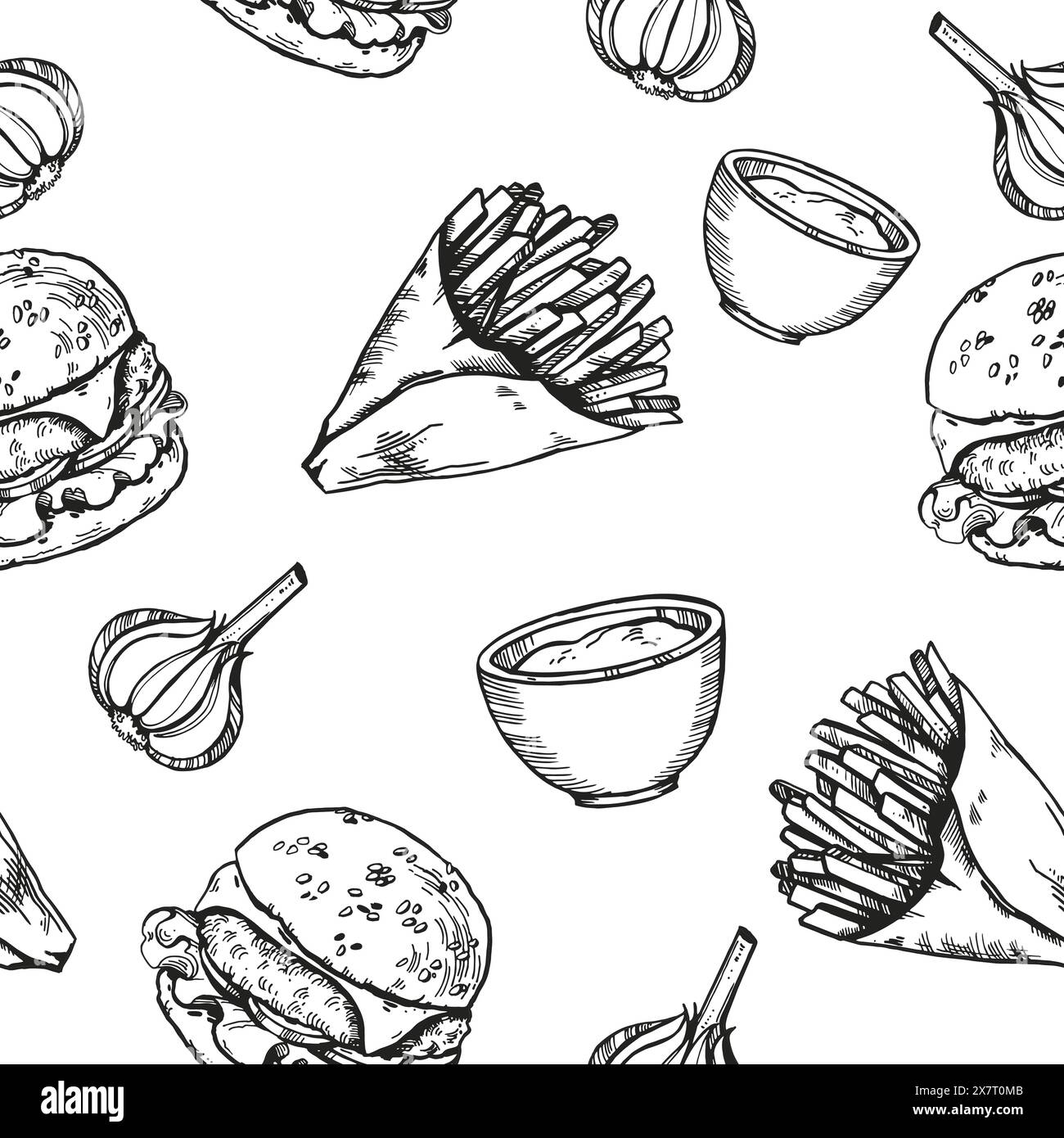 Nahtloses Vektor-Muster von Pommes frites in Bastelpapier und Burger, Knoblauch, Soße, handgezeichnete Skizze von Fast Food, schwarze und weiße Tinte Nahrungsmittelillustratio Stock Vektor