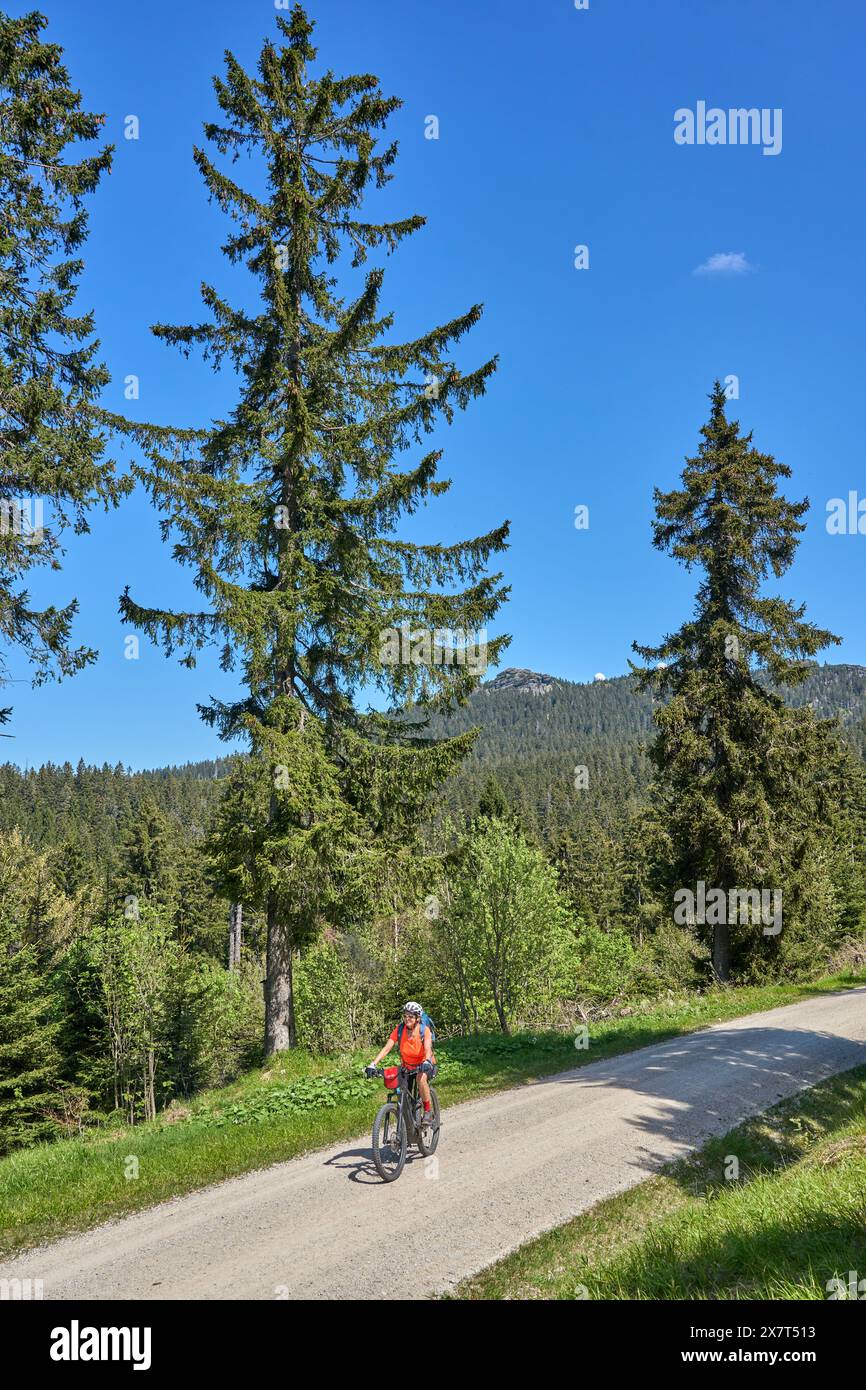 Aktive Seniorin auf einer Fahrradtour mit ihrem E-Mountainbike im felsigen Gipfel des Großen Arbers im Bayerischen Wald, Bayern, Ger Stockfoto
