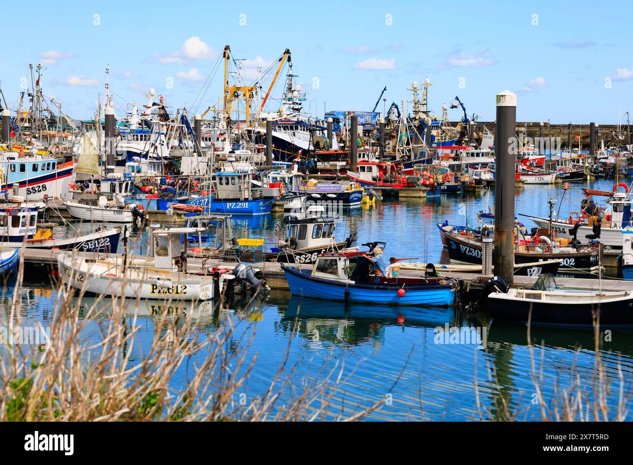 Fischerboote im überfüllten Hafen von Newlyn, Cornwall, West Country, England Stockfoto