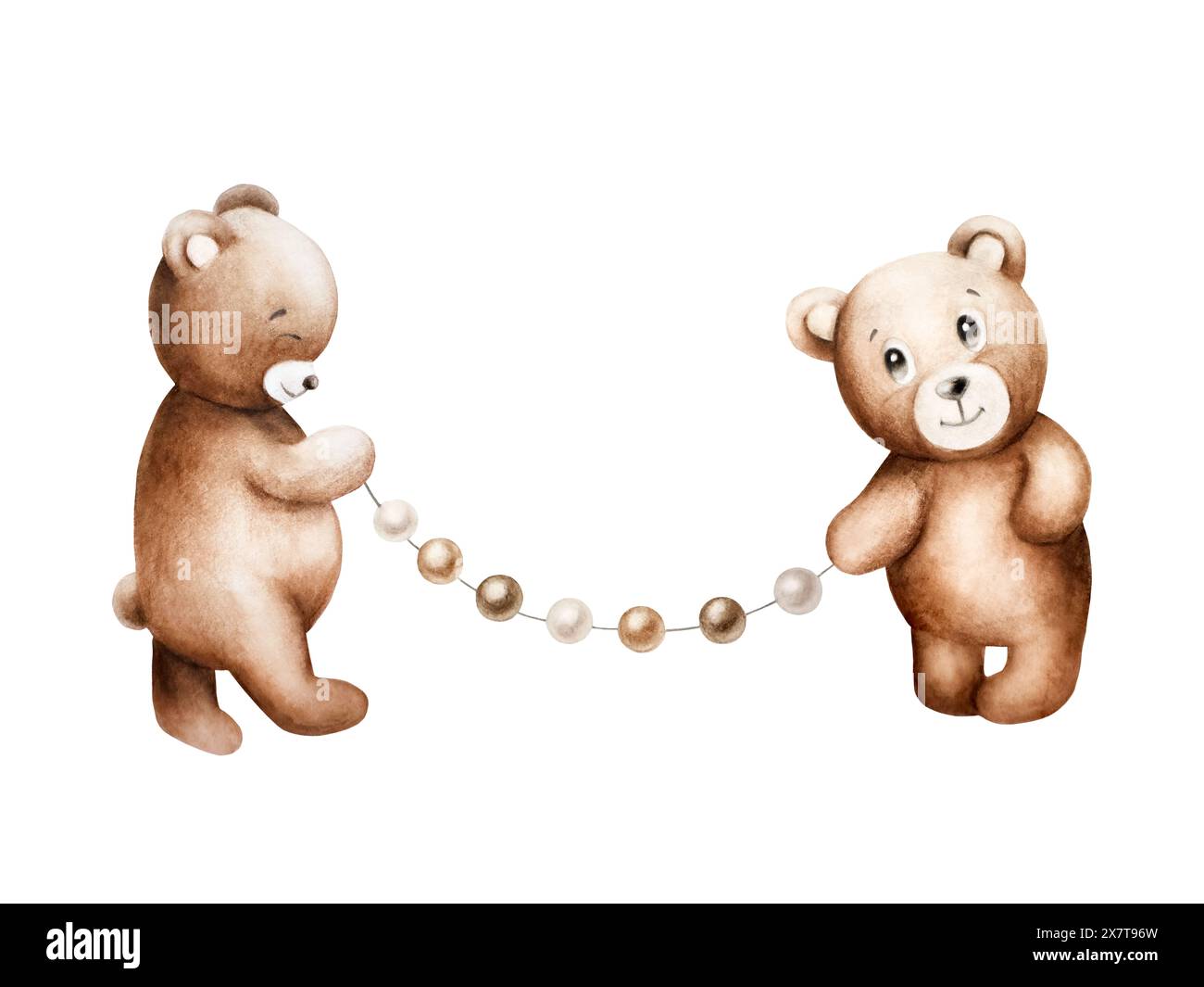 Cartoon-Teddybären mit Geburtstagskranz aus braunen und beigen Kugeln. Handgezeichnete Aquarellillustration isoliert auf Hintergrund. Feiertags- und festliche Feiertage Stockfoto