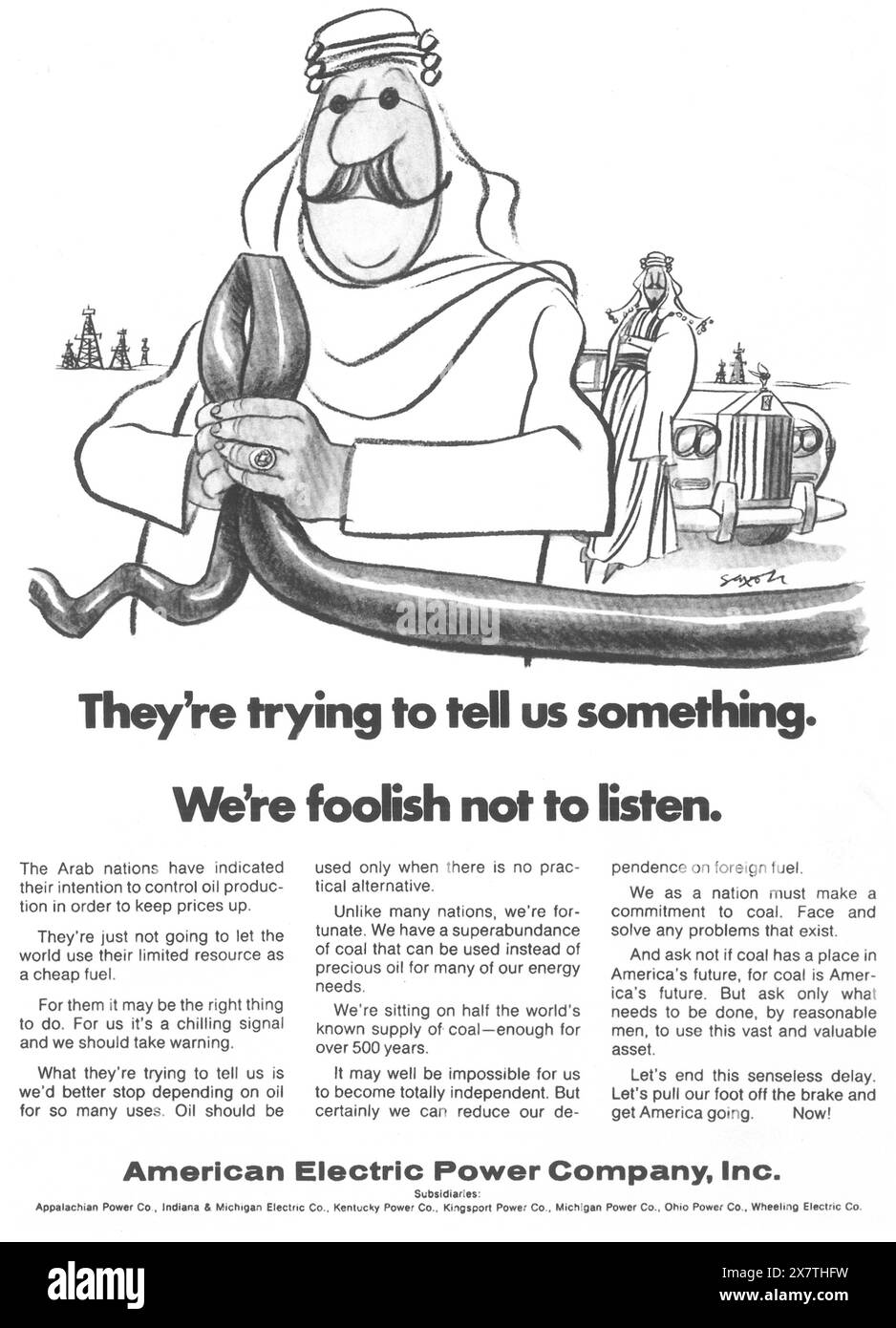1974 Anzeige der American Electric Power Company – „Arabische Nationen...Ölproduktion“ Stockfoto