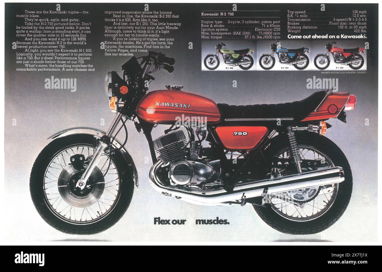 1973 Kawasaki H-2 750 Motorradwerbung – Muskelkater Stockfoto