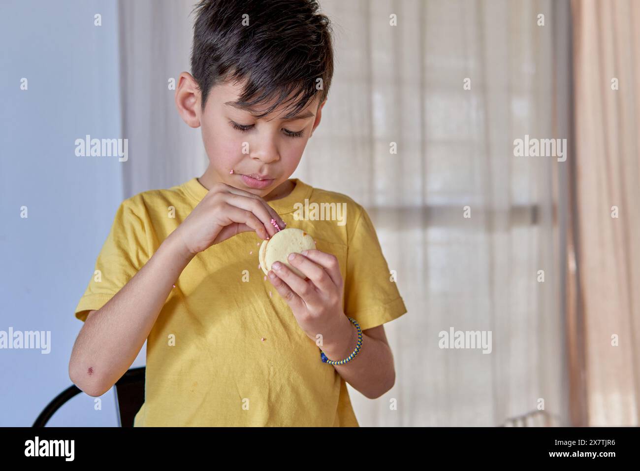 Konzentriertes lateinisches Kind, das selbstgemachte Alfajores de Maicena zu Hause macht, typische Alfajores aus Argentinien. Stockfoto