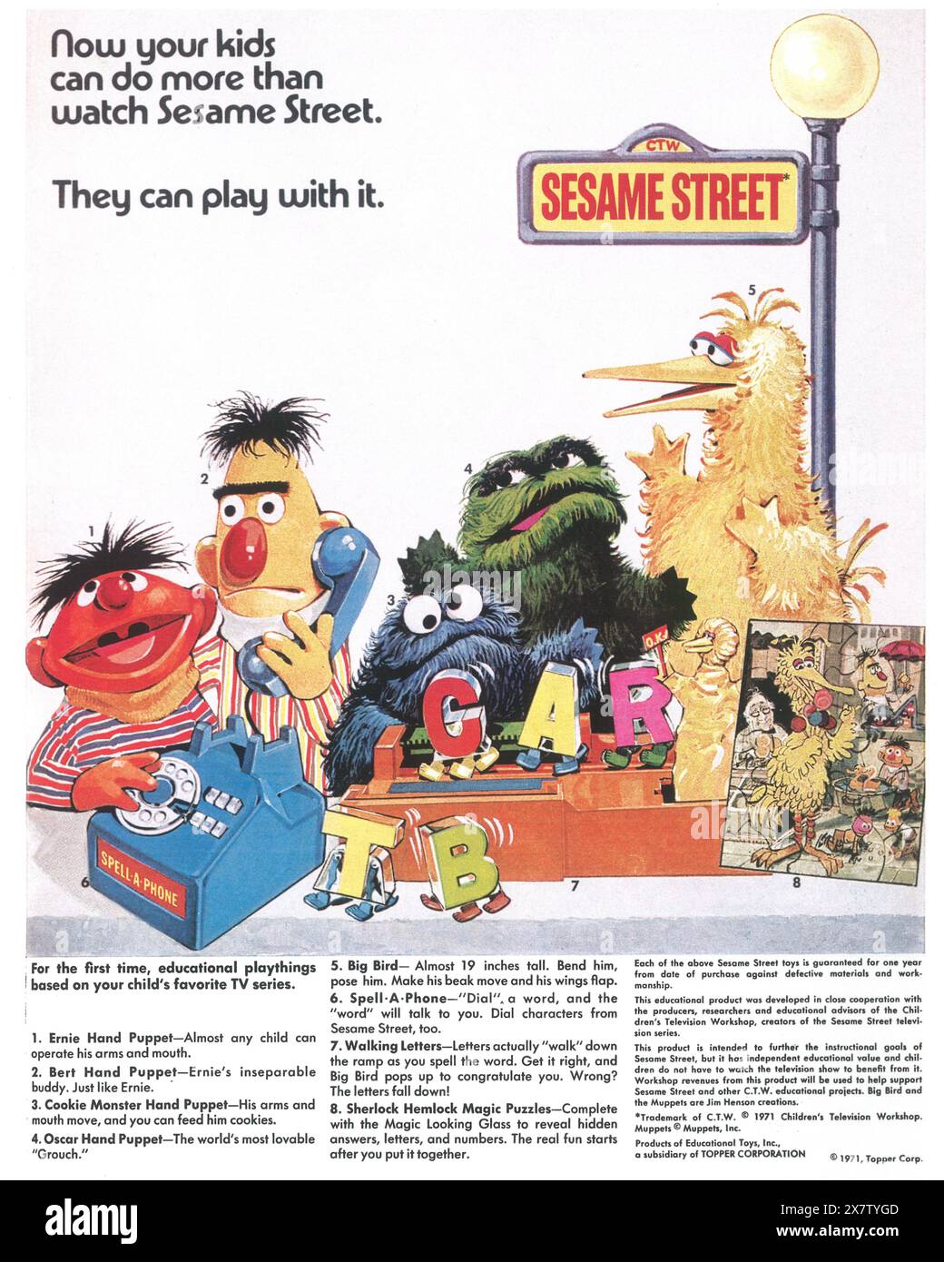 1971 SesamStreet Big Bird Cookie Monster Bert & Ernie Oscar Puppets Werbespot - Kinderfernsehen Workshop pädagogische Spielsachen Stockfoto