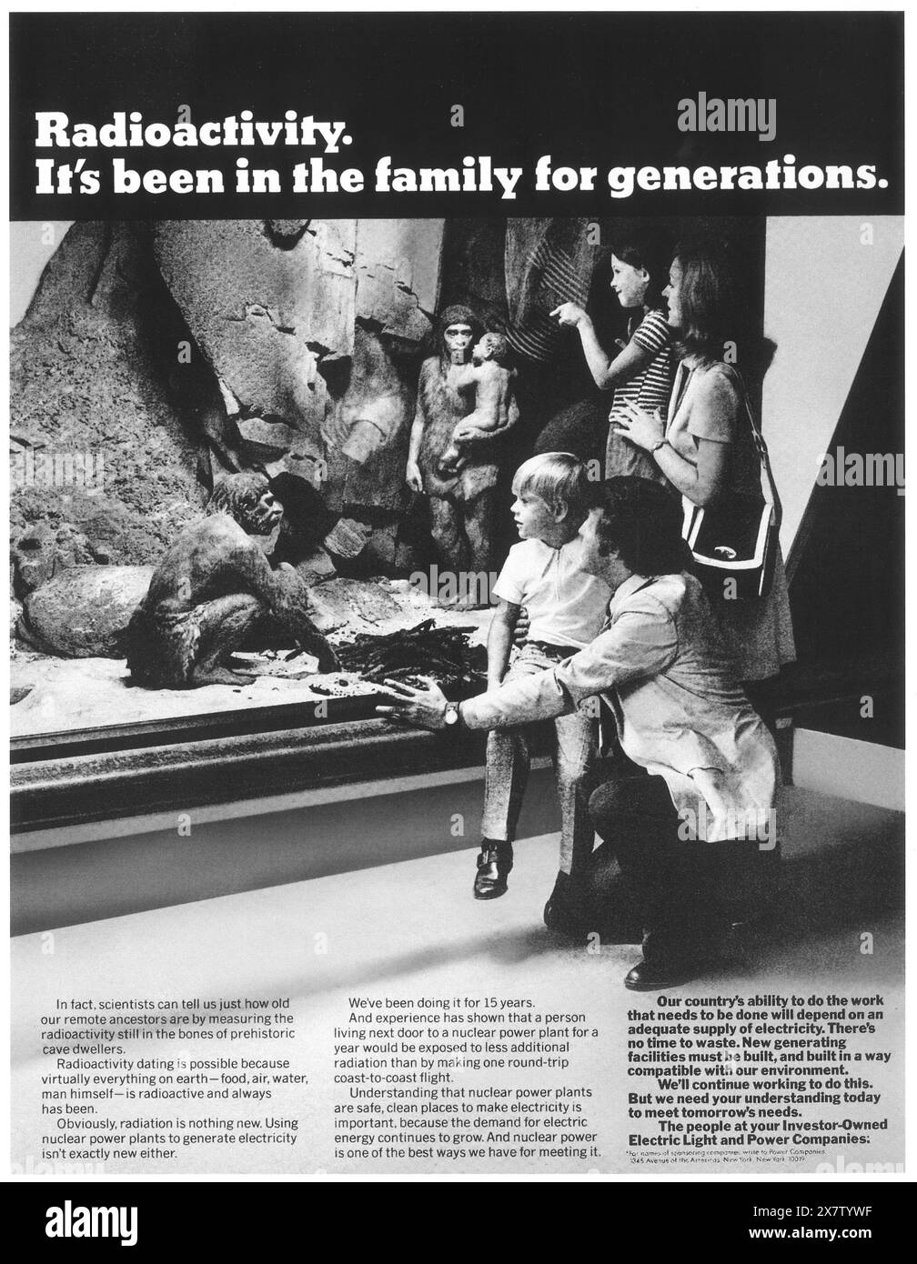 1972 Werbespot von Investorenbesitzern von Electric Light and Power Companies – „Radioaktivität ist seit Generationen in der Familie“. Stockfoto