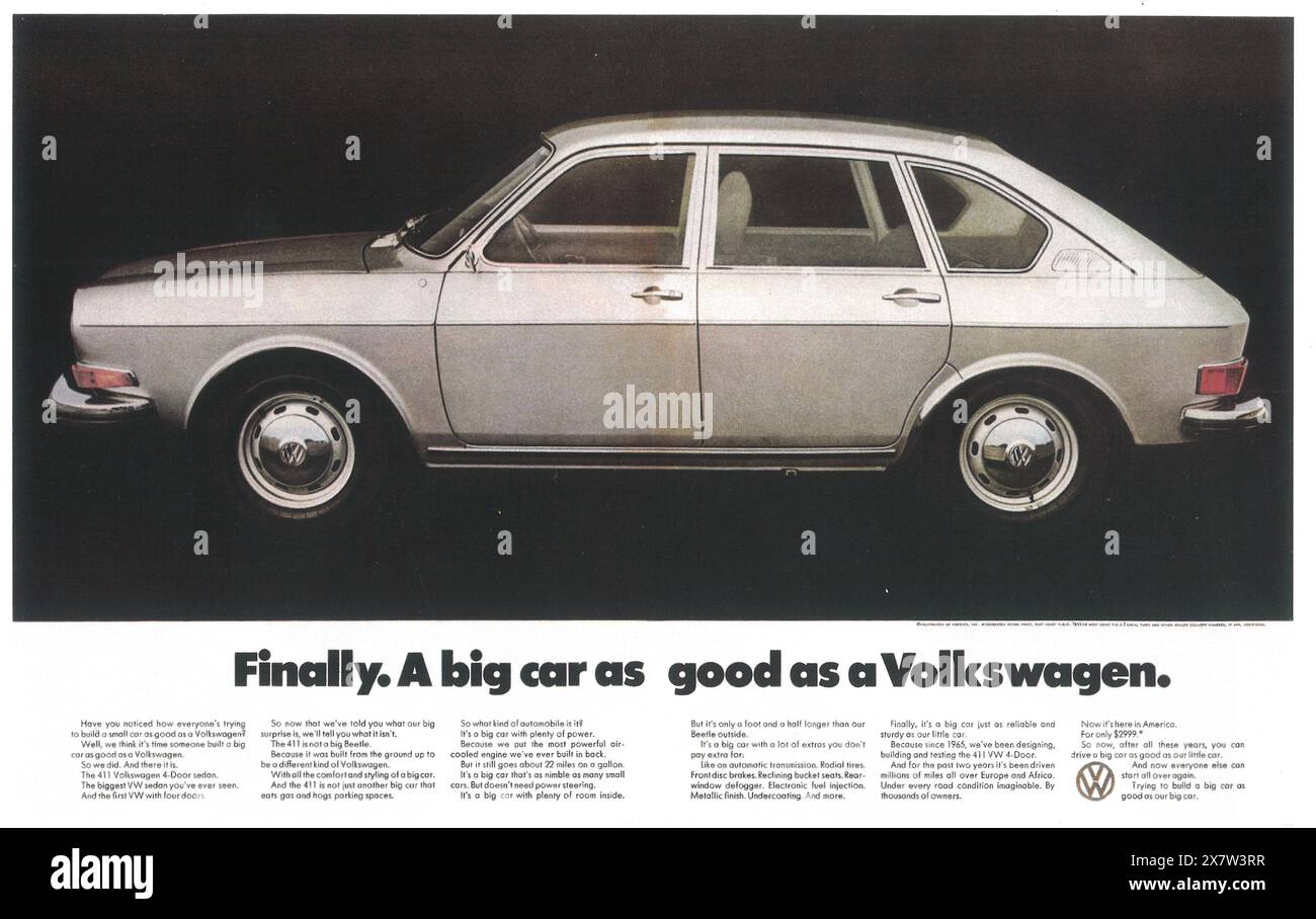 1971 Volkswagen VW 411 4-Türer Limousine Ad - 'endlich. Ein großes Auto, so gut wie Volswagen." Stockfoto
