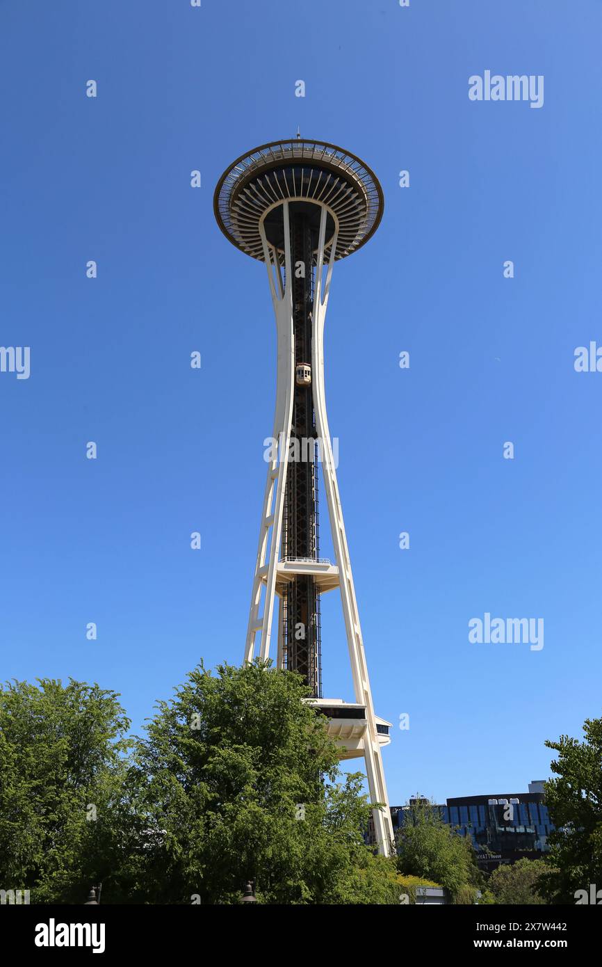 Space Needle, Seattle Center, Harrison Street, Seattle, Elliott Bay, Puget Sound, King County, Bundesstaat Washington, USA, Golf von Alaska, Nordamerika Stockfoto