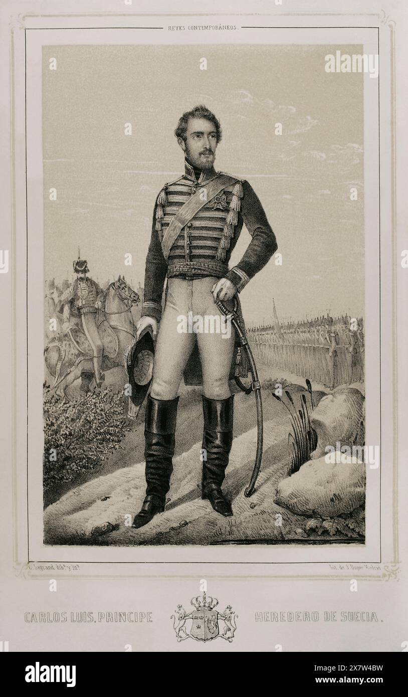 Karl XV. Von Schweden (1826-1872). Geboren Carl Ludvig Eugen. König von Schweden und Norwegen (als Karl IV.) zwischen 1859 und 1872. Porträt von Karl Ludvig als Erbe Prinz von Schweden. Zeichnung von C. Legrand. Lithographie von J. Donón. Reyes Contemporáneos (Zeitgenössische Könige). Band III. Veröffentlicht in Madrid, 1854. Stockfoto