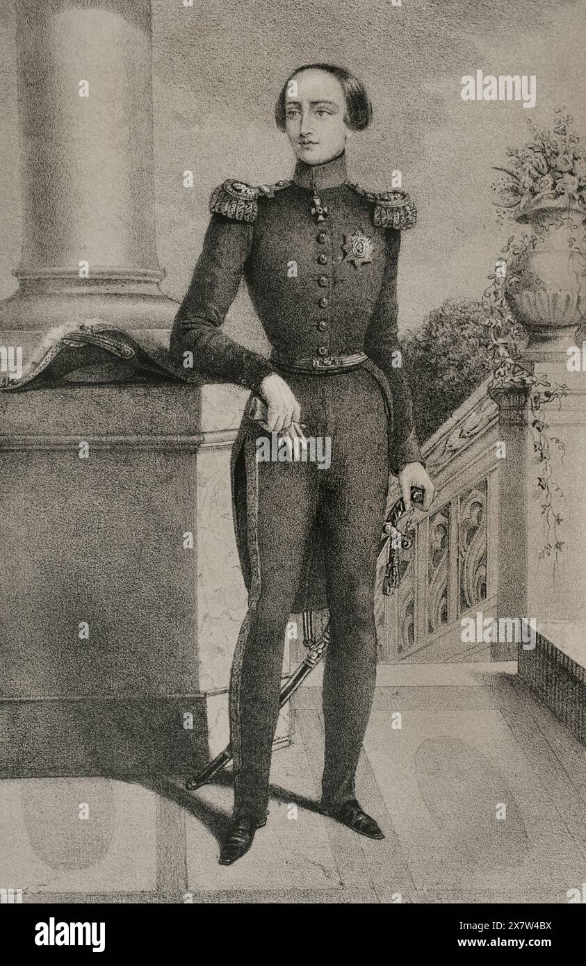 Leopold II. Von Belgien (1835–1909), dessen Geburtsname Leopold Ludwig Philippe Maria Victor von Sachsen-Coburg-Gotha war. König von Belgien (1865-1909). Porträt wie jung, als Thronfolger. Zeichnung von C. Legrand. Lithographie. Reyes Contemporáneos (Zeitgenössische Könige). Band III. Veröffentlicht in Madrid, 1854. Stockfoto