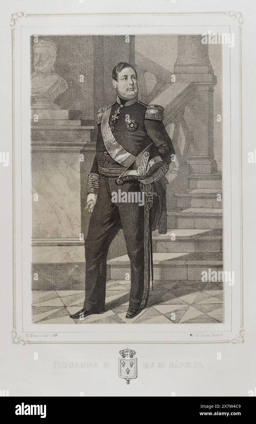 Ferdinand II. Der beiden Sizilien (1810-1859). König der beiden Sizilien (1830-1859). Hochformat. Zeichnung von B. Blanco. Lithographie von J. Donón. Reyes Contemporáneos (Zeitgenössische Könige). Band III. Veröffentlicht in Madrid, 1854. Stockfoto