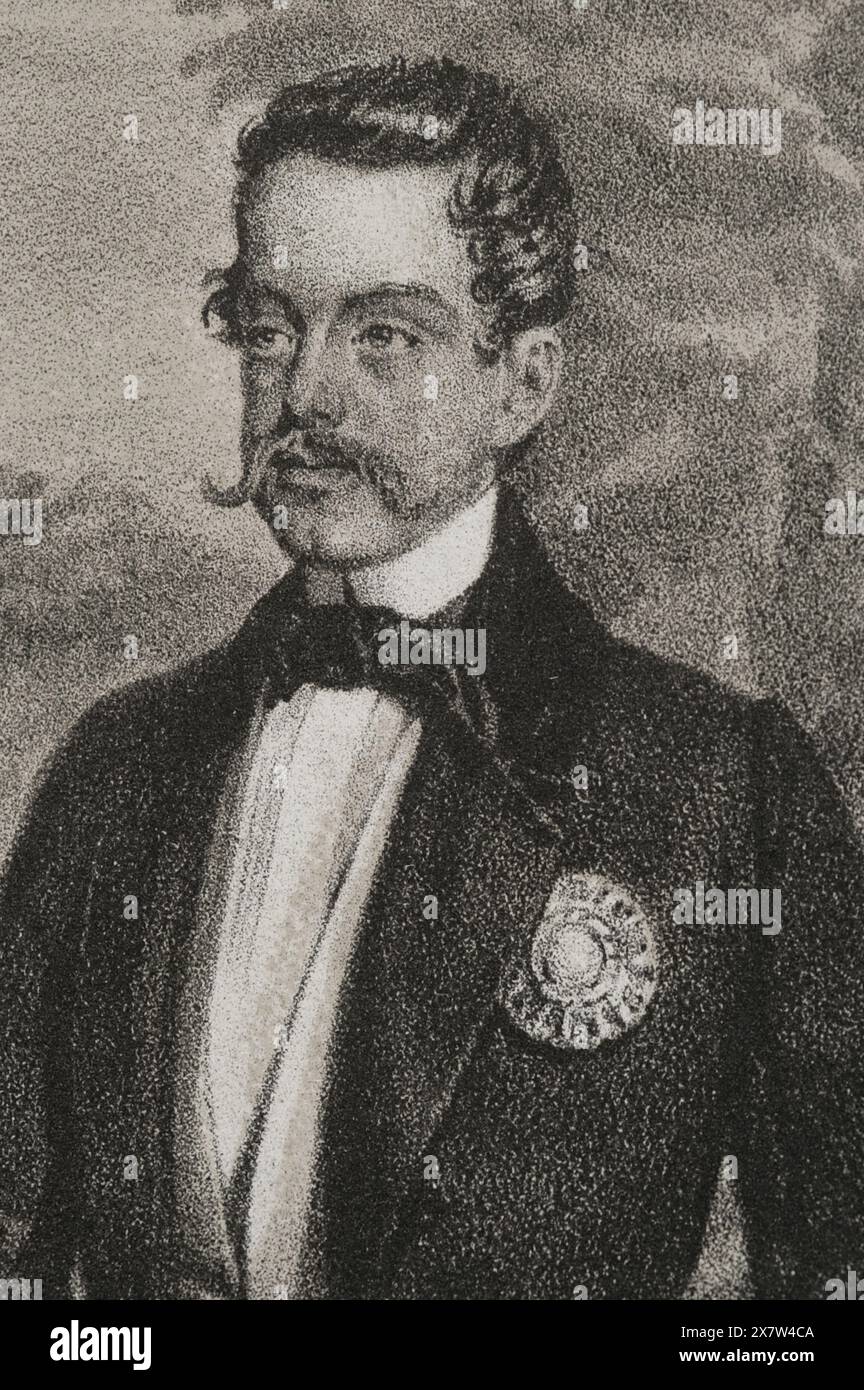 Victor Emmanuel II. (1820-1878). Letzter König des Königreichs Sardinien (1849–1861) und erster König von Italien (1861–1878). Porträt als König von Sardinien. Zeichnung von B. Blanco. Lithographie von J. Donón. Details. Reyes Contemporáneos (Zeitgenössische Könige). Band III. Veröffentlicht in Madrid, 1854. Stockfoto