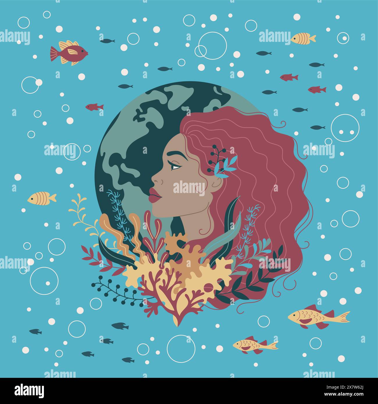 Ein Frauenprofil, im Stil der flachen Kunst, Planet Erde. Stock Vektor