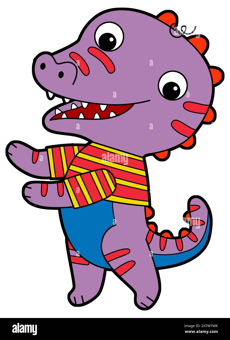 Zeichentrickszene mit glücklichem lustigen Dinosaurier Dino Echse Drachen Kind Kind, das Spaß hat, Kindergarten bunte isolierte Hintergrund Illustration zu spielen Stockfoto
