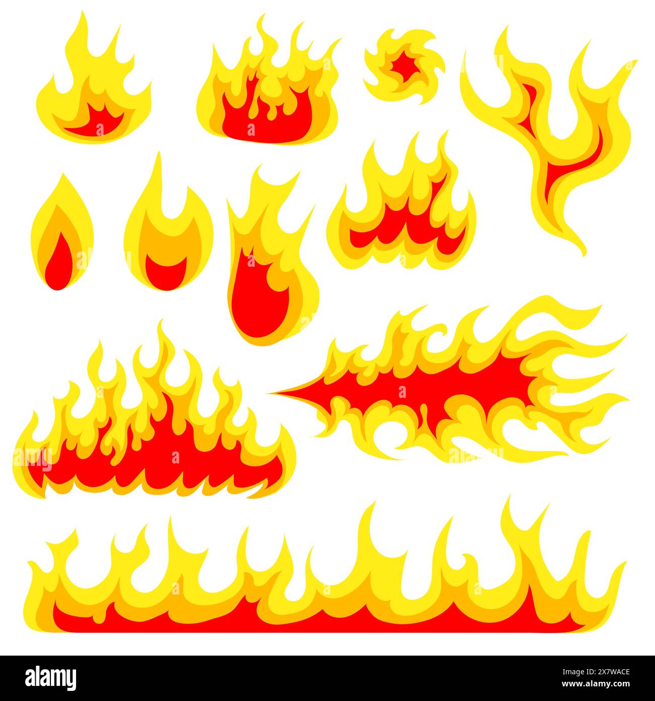 Rotes Feuer. Spielsymbole festgelegt. Comic-Flammeffekte mit großem Boom. Explosion von Knall-Dynamit. Brennende Streichhölzer und Lagerfeuer. Digitale Symbole. Vektorabbildung. Stock Vektor