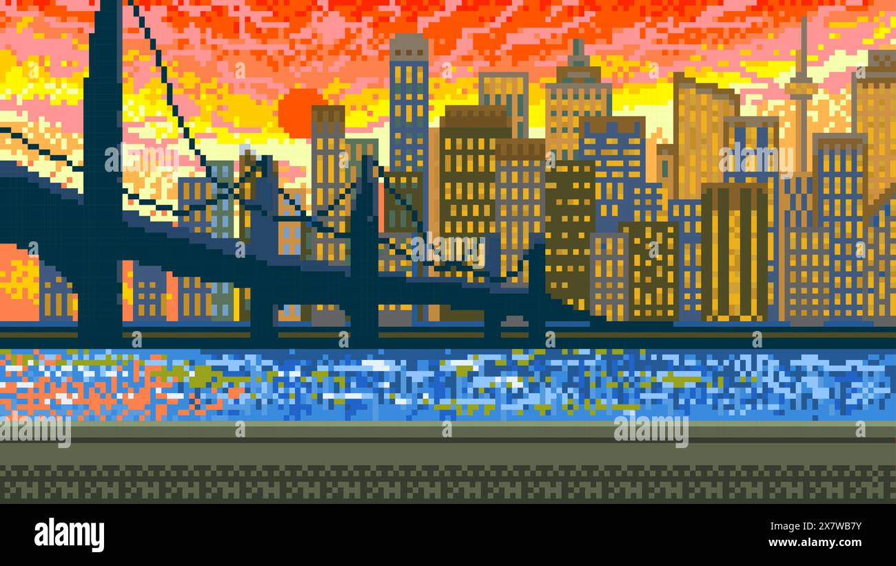 Moderne Stadt. Brücke und Wolkenkratzer und Wolken. Pixel Art 8-Bit-Objekte. Hintergrund im Querformat für die Anwendung oder eine Website. Poster für Retro-Spiele Stock Vektor