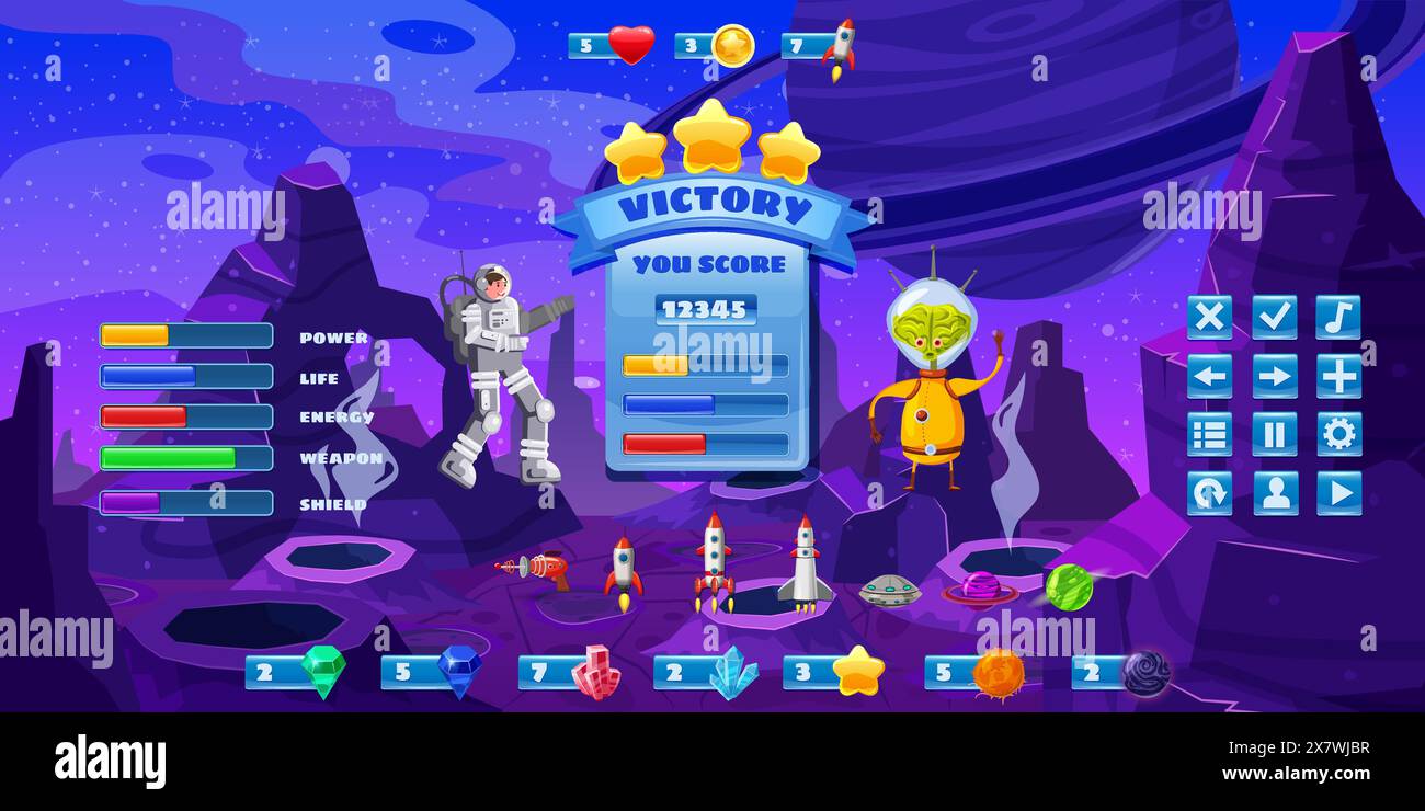 Space Game Kit, Set-Tasten für Spiele und App, UI. Konstrukteur des Raumfahrzeugs im Cartoon-Stil Stock Vektor