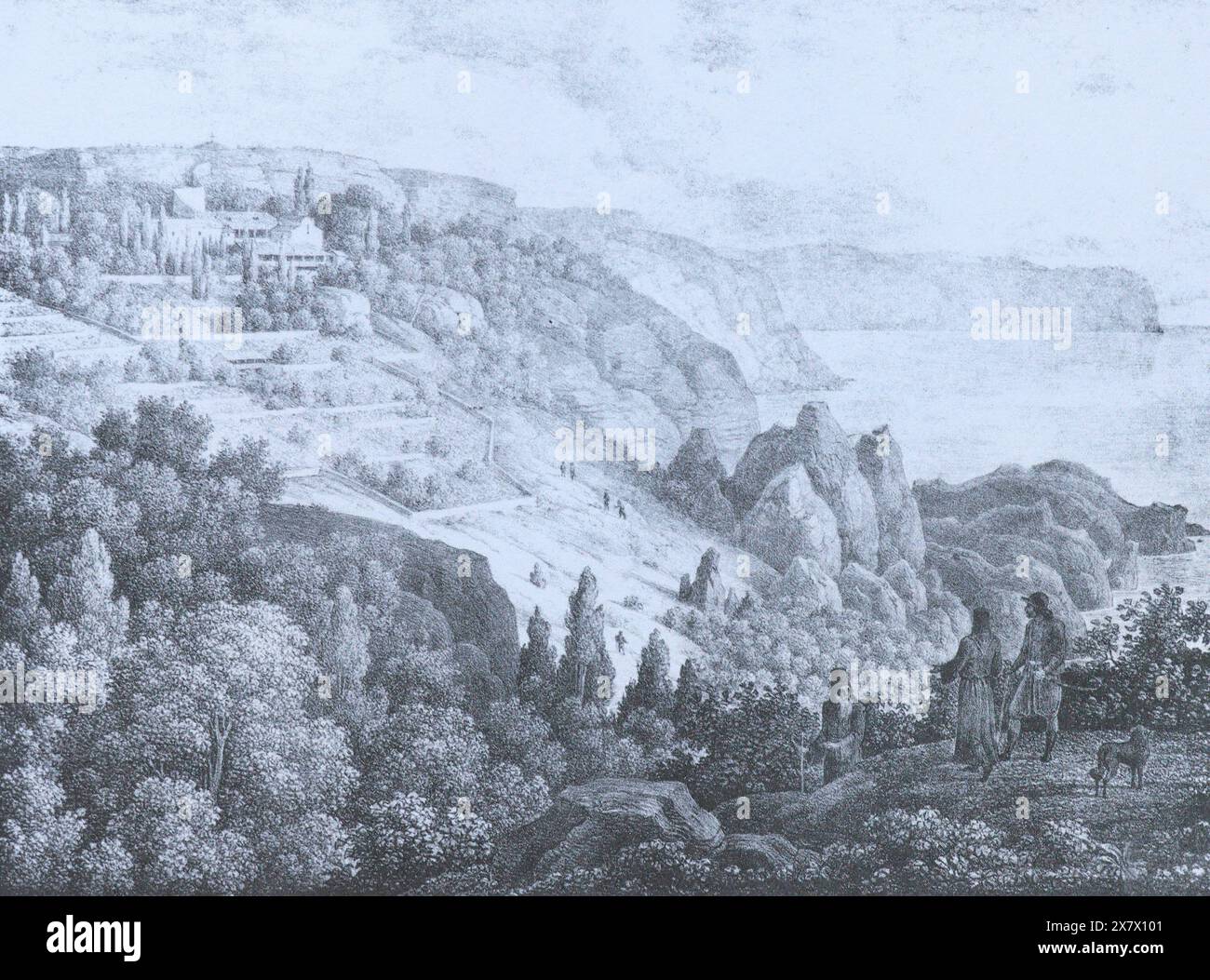 Kloster St. Georg auf der Krim. Kupferstich von Karl Kügelchen aus dem 19. Jahrhundert. Stockfoto